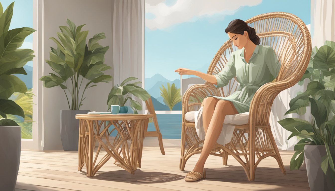 A person gently wipes down a rattan chair with a soft cloth, carefully removing any dust or debris. The chair is placed in a sunny, well-ventilated area, enhancing the natural beauty of the rattan material