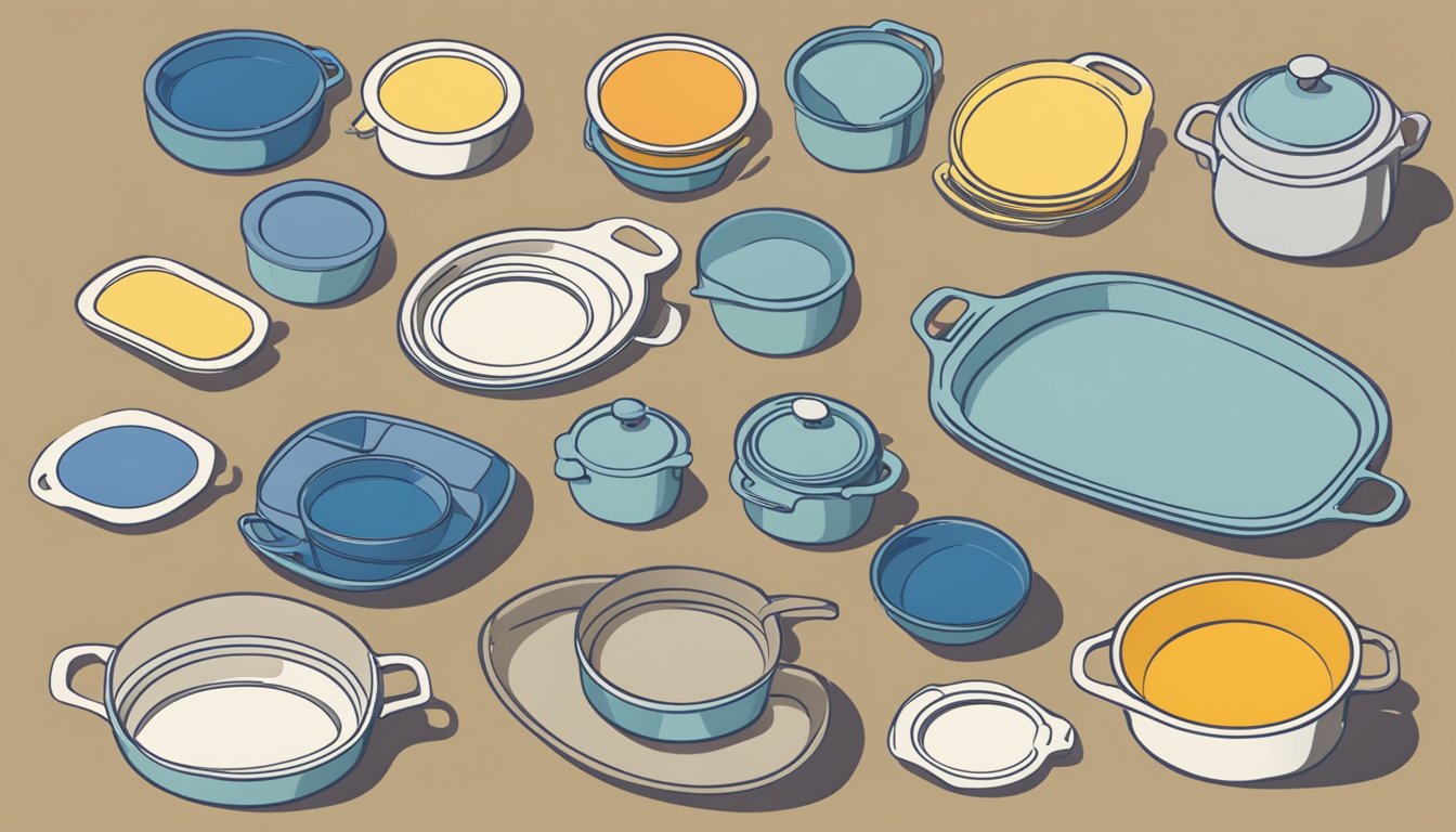 A table with various ceramic pans of different sizes and colors, alongside price tags and labels indicating factors influencing pricing