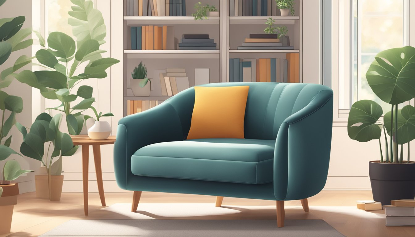 A cozy single-seater sofa with clean lines and a modern design, placed in a well-lit living room with a bookshelf and potted plants in the background