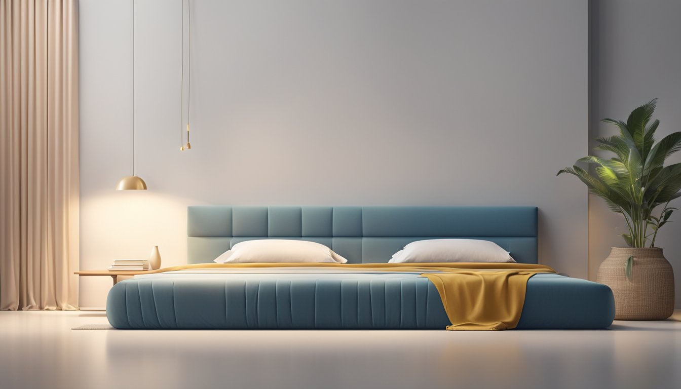 A price tag hangs from a single mattress, displayed in a showroom with soft lighting and clean lines