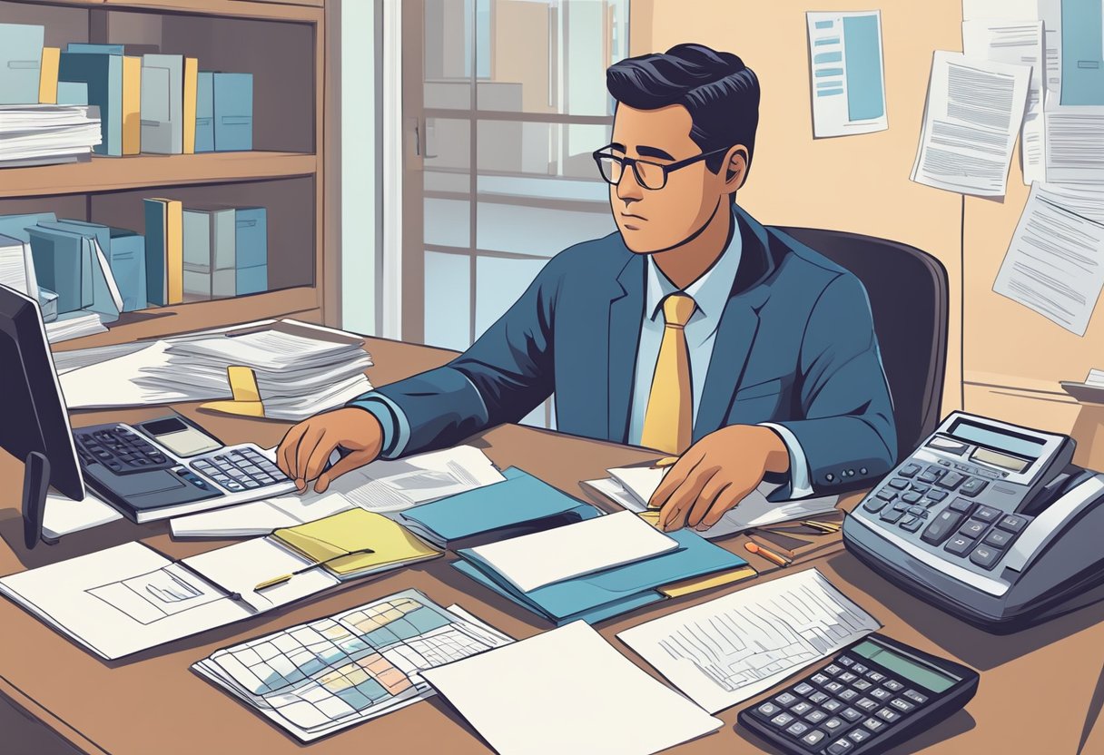 A person sitting at a desk, surrounded by paperwork and a calculator. They are negotiating debt restructuring and learning about financial education through a new law