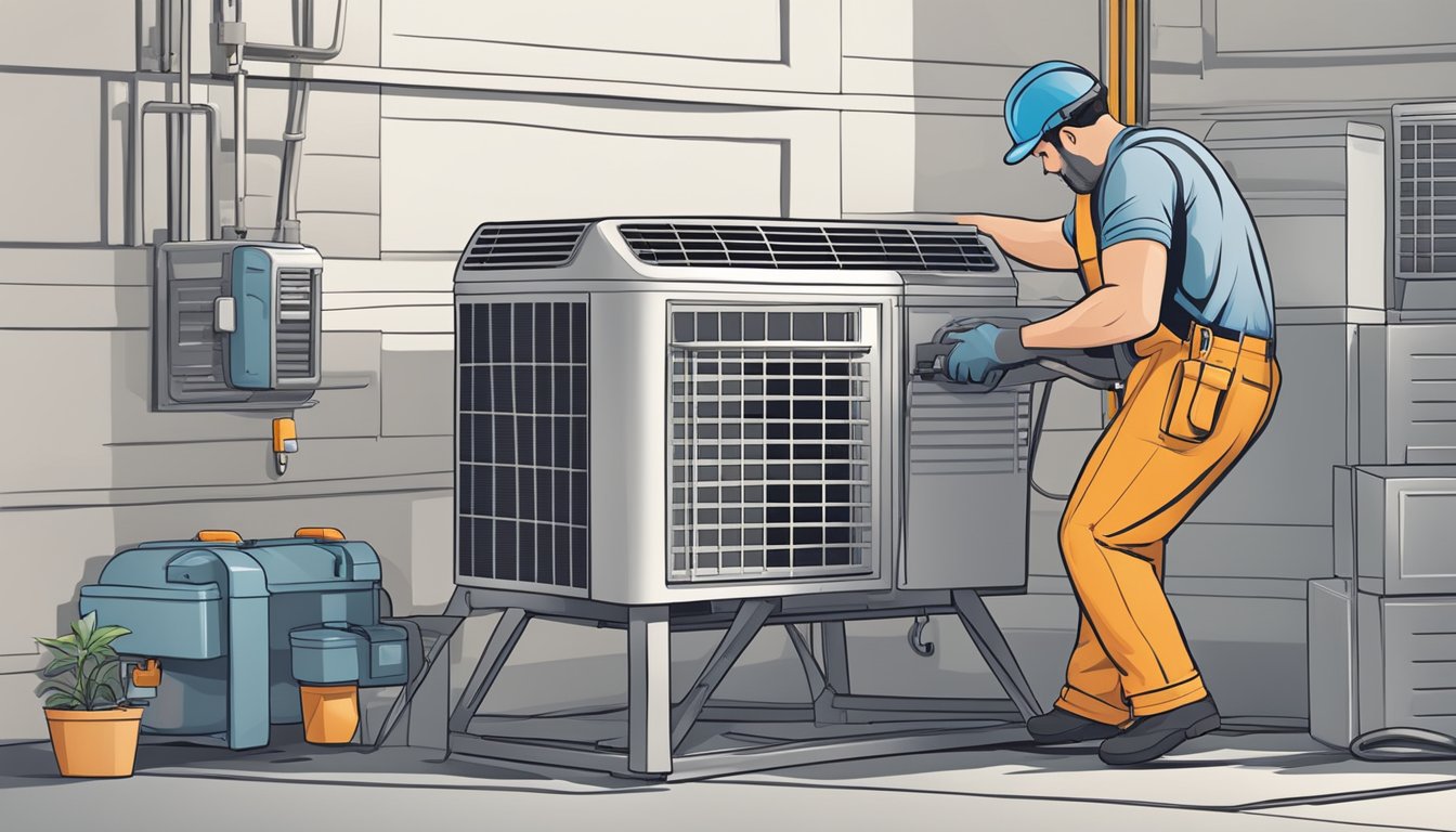 A technician cleaning and inspecting an air conditioner unit with a toolbox and maintenance checklist nearby