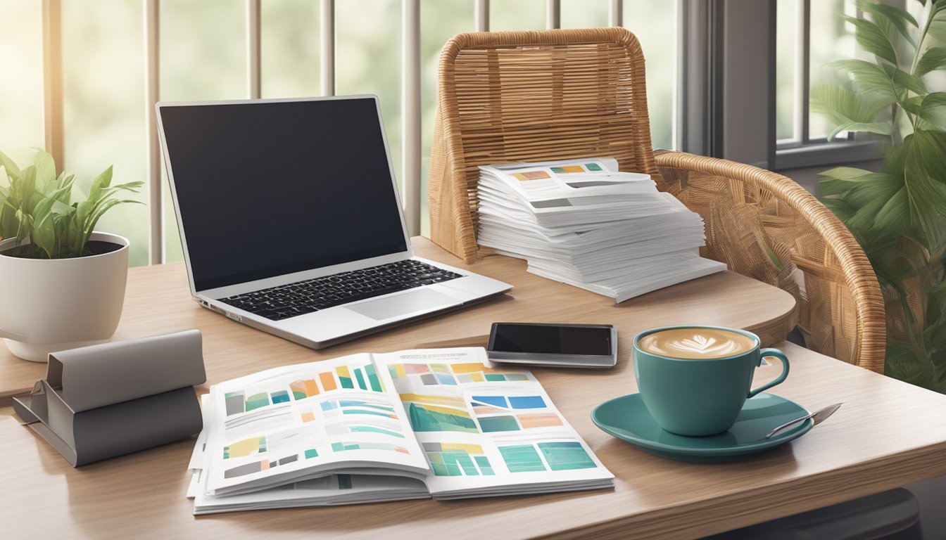 A rattan chair surrounded by a stack of FAQ brochures, with a laptop and a cup of coffee on a table next to it