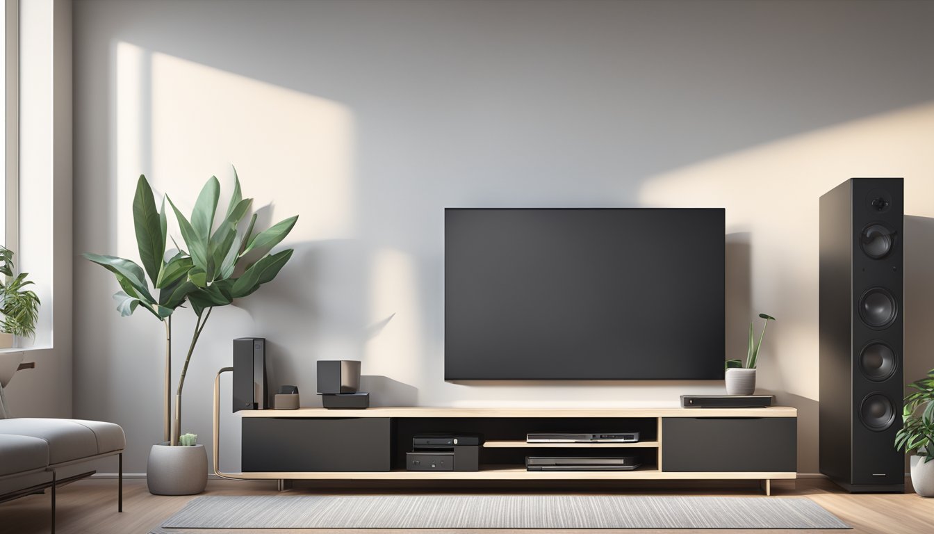 A sleek, modern TV stand in a well-lit living room, with clean lines and a minimalist design, showcasing a range of electronic devices and neatly organized cables