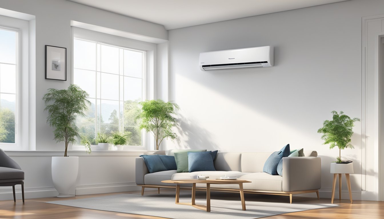 A sleek Panasonic inverter aircon mounted on a clean, white wall with cool air flowing out and creating a comfortable environment