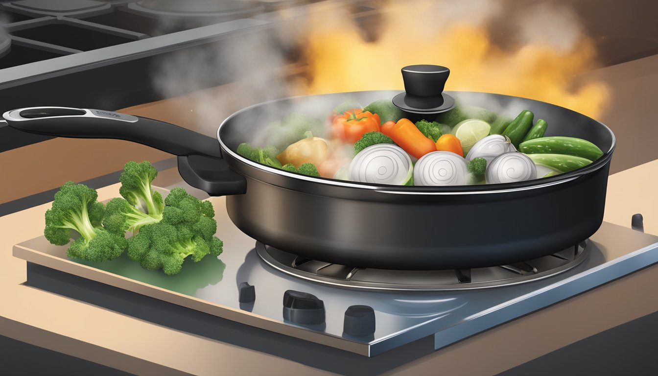 A ceramic pan sits on a stove, steam rising from sizzling vegetables. Its non-stick surface allows for easy cooking and cleaning