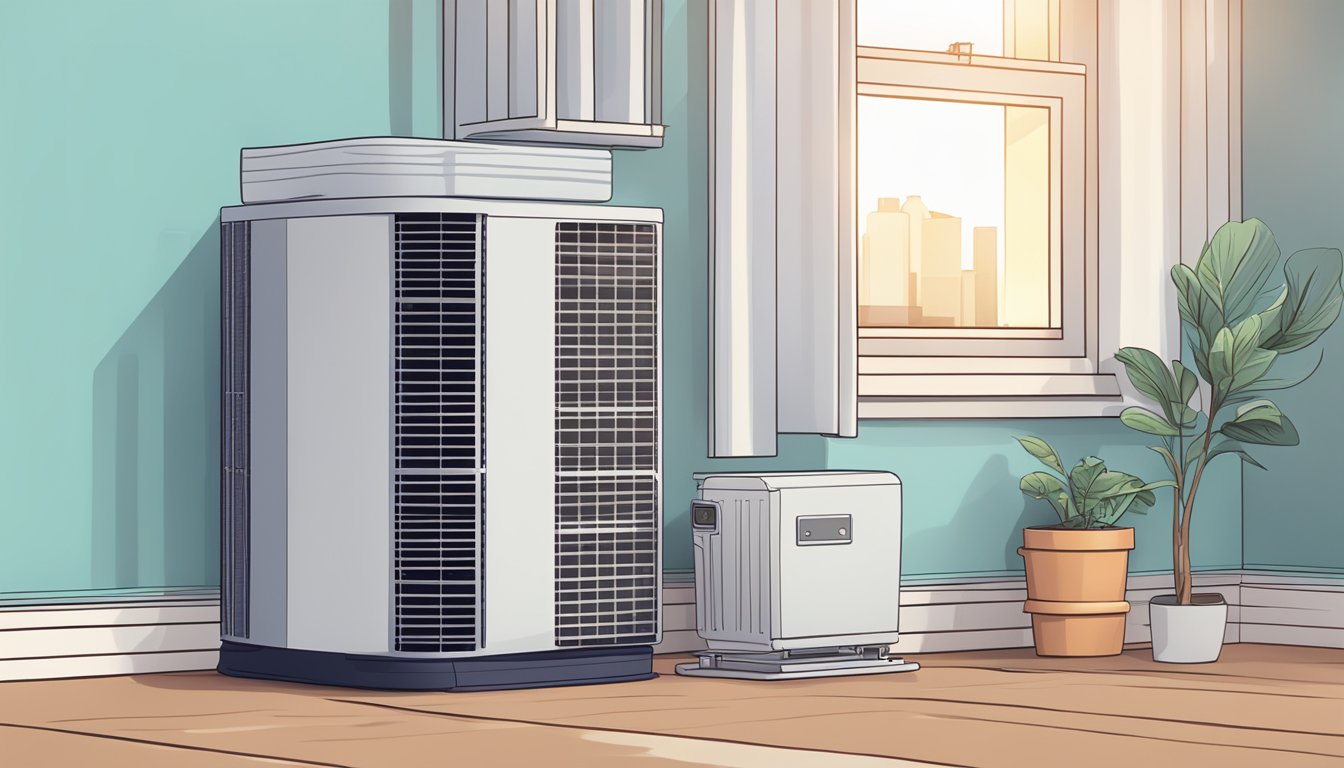 A stack of FAQ papers next to a modern, sleek air conditioning unit