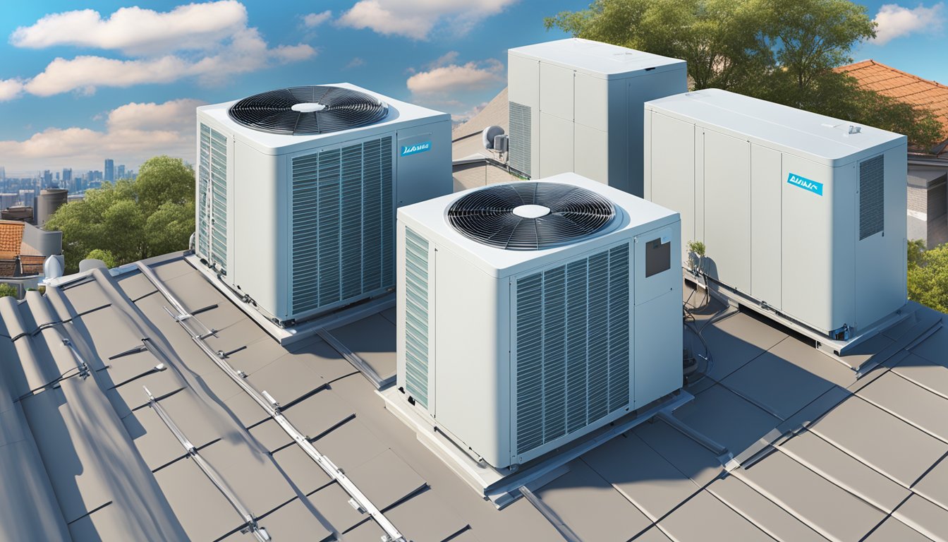 A Daikin System 4 unit installed on a rooftop, surrounded by clear blue skies and a few wispy clouds