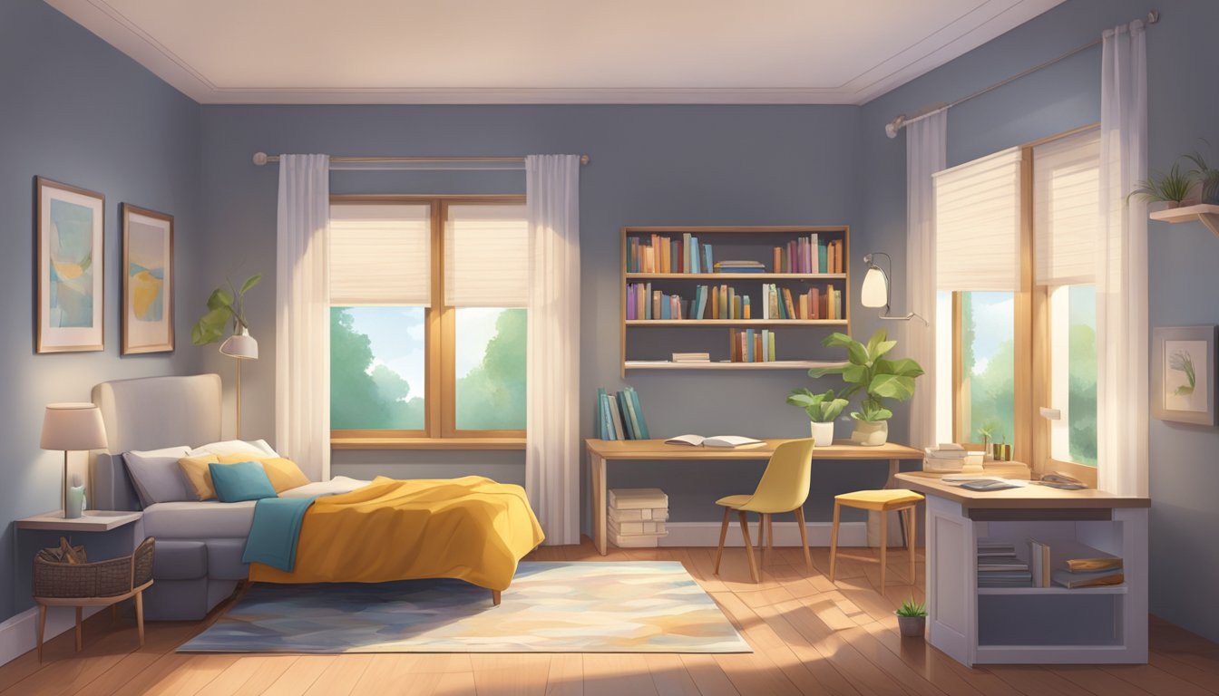 A spacious, well-lit room with a large window and a cozy reading nook. A second smaller room with a fold-out bed and a desk