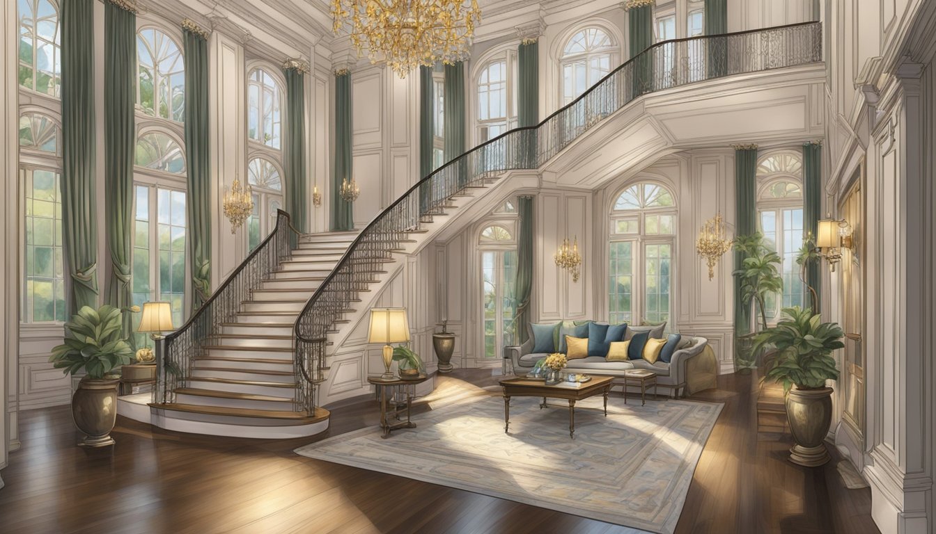A posh home with high ceilings, grand staircase, luxurious furnishings, and ornate chandeliers
