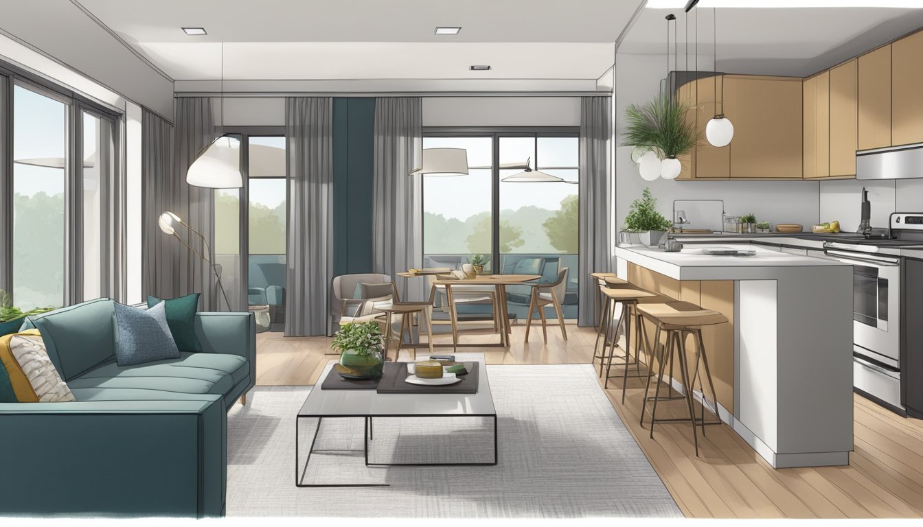An open layout with a living area and kitchenette, leading to a separate bedroom and bathroom. Clean lines and modern furnishings create a functional yet stylish space