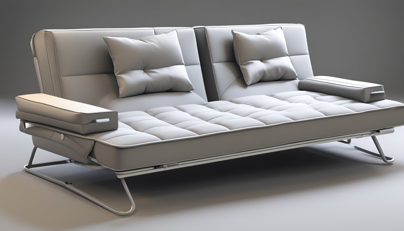 A foldable sofa bed unfolds into a comfortable sleeping surface, with cushions and pillows neatly arranged