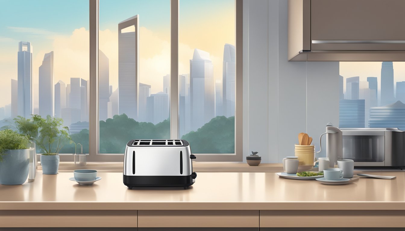 A toaster sits on a kitchen countertop in a modern Singaporean home, with a view of the city skyline through the window