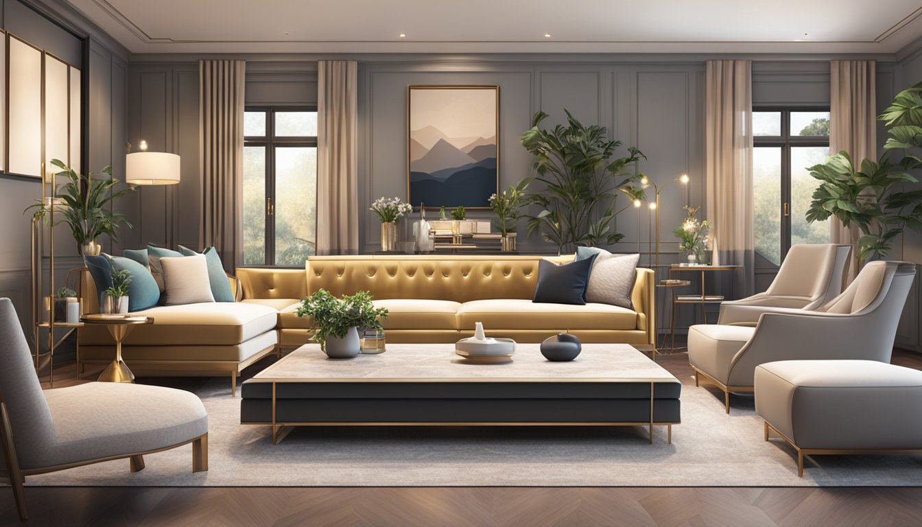 A luxurious living room with modern furniture, elegant decor, and soft lighting, creating a sophisticated and upscale atmosphere