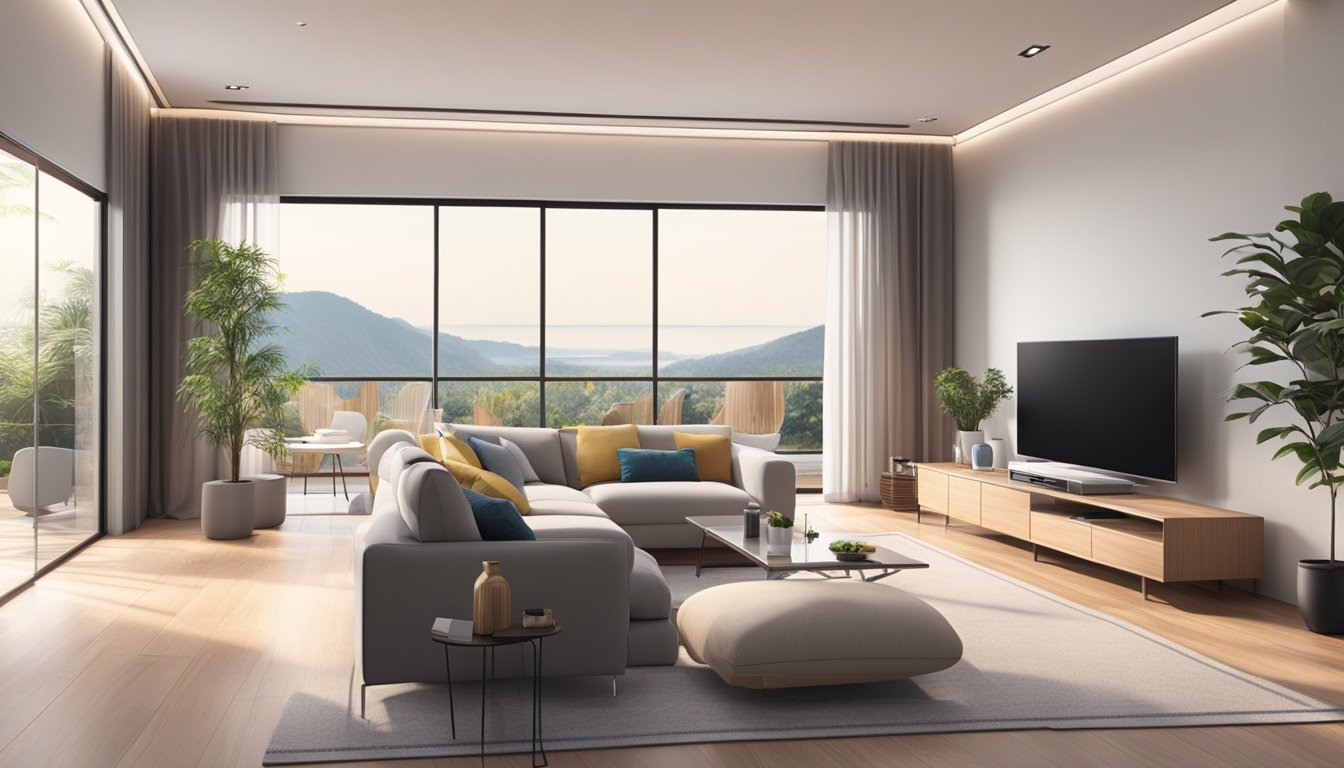 A sleek and modern living room with a Panasonic inverter aircon mounted on the wall, surrounded by comfortable furniture and a soft, inviting atmosphere