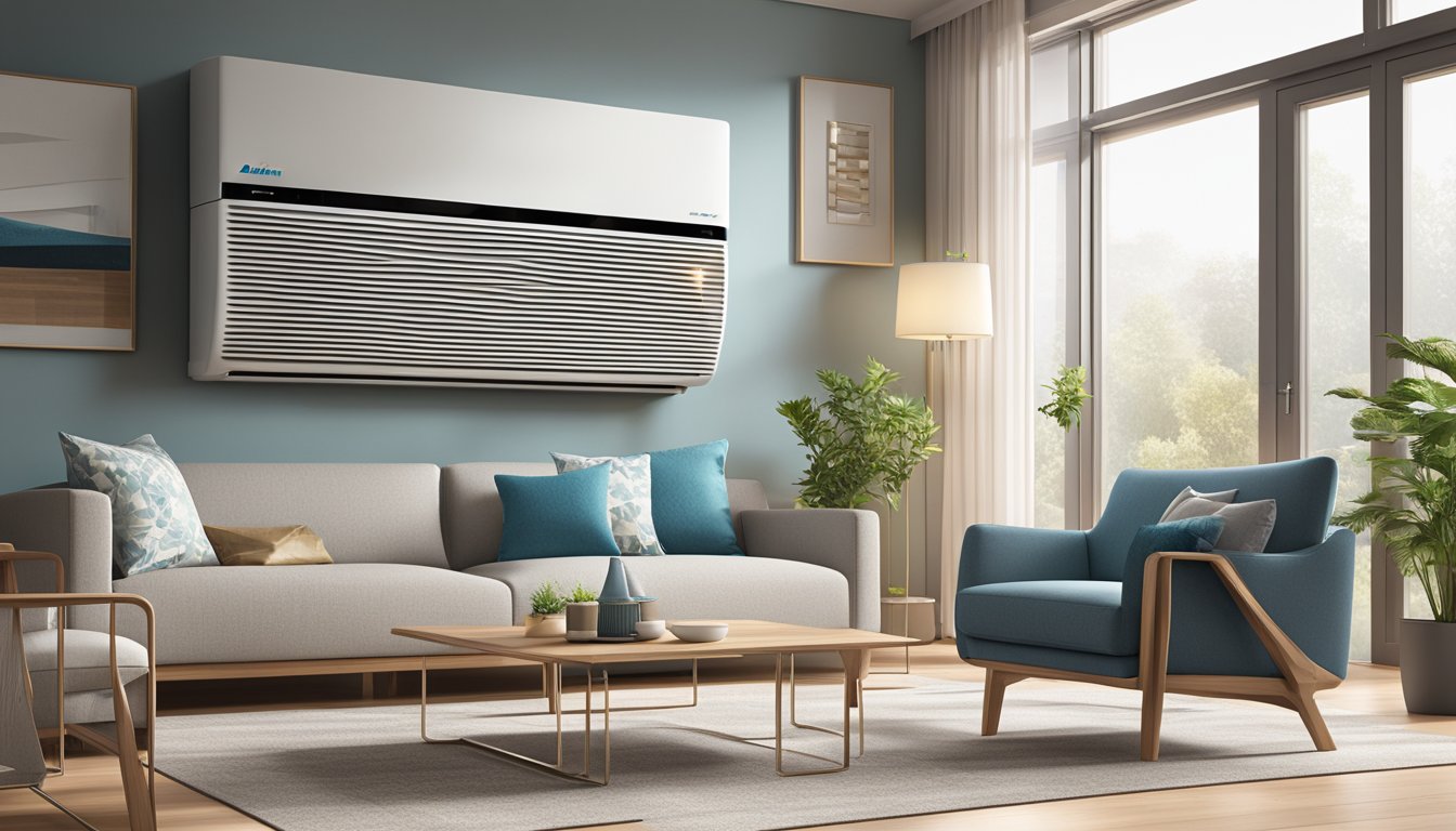 A Daikin System 4 unit stands against a backdrop of a modern, clean and well-lit living room, with sleek and stylish furniture surrounding it. The unit is depicted in detail, showcasing its performance and specifications