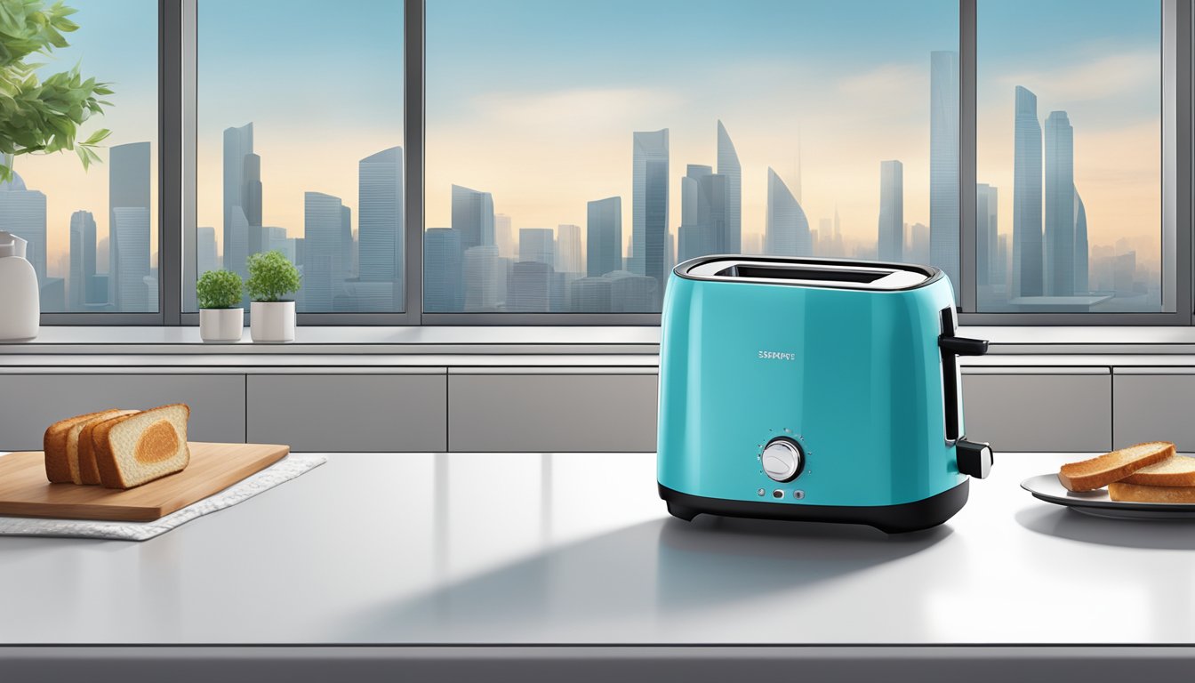 A modern, sleek toaster sits on a countertop in a stylish Singaporean kitchen, with the city skyline visible through the window