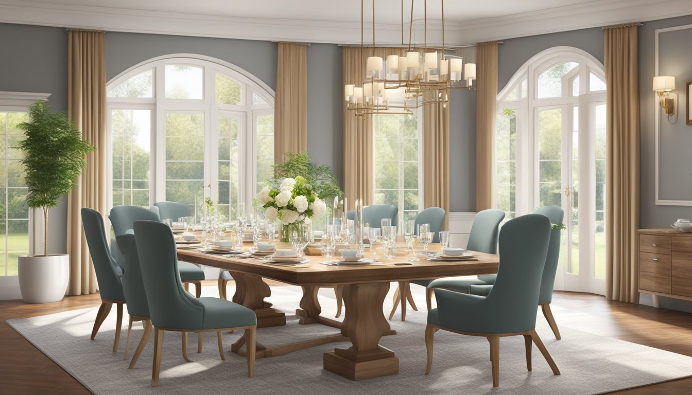 A large 8-seater dining table with elegant chairs, set with fine china and silverware, bathed in warm natural light from a nearby window