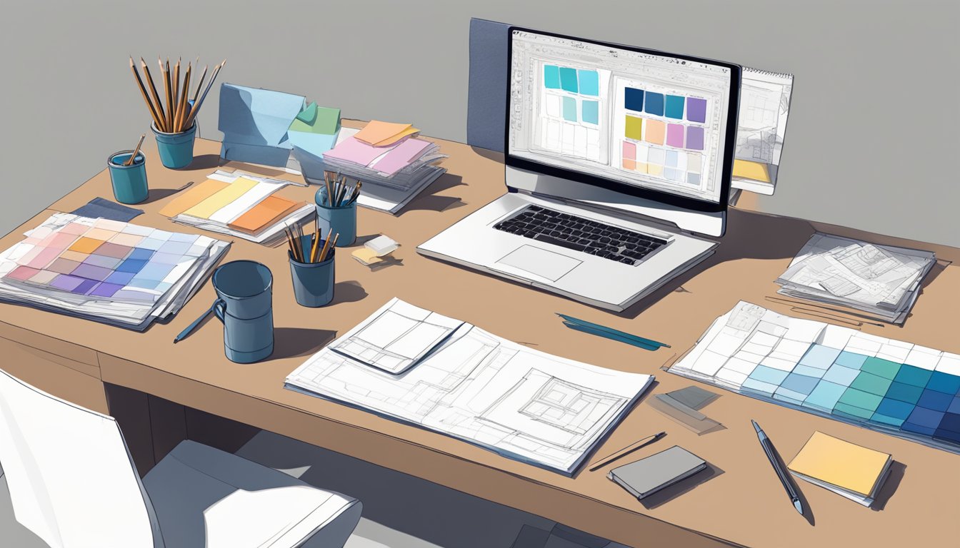 Sketch a cluttered desk with fabric swatches, paint samples, and floor plans. A computer displays 3D renderings while a designer sketches ideas on a notepad