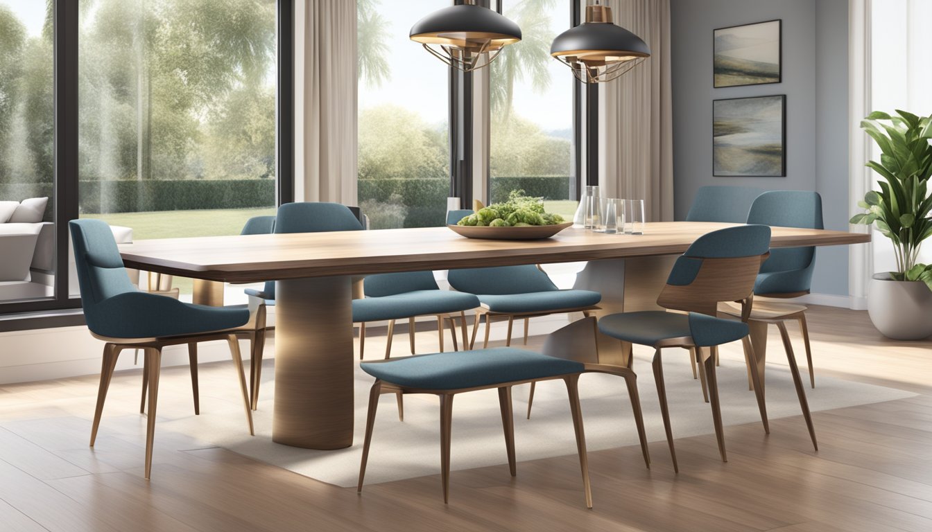 A modern 8-seater dining table with sleek lines and a mix of materials, such as wood and metal, set in a spacious and well-lit room