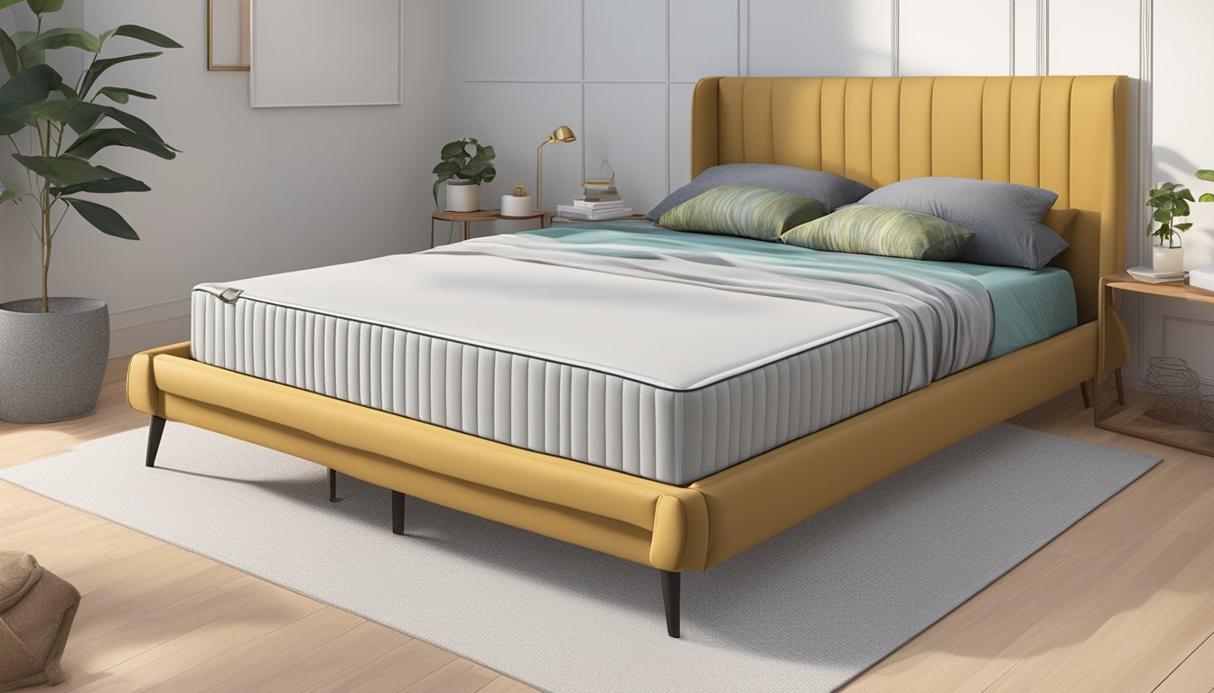 A full latex mattress lies on a sleek bed frame, surrounded by soft, cozy bedding