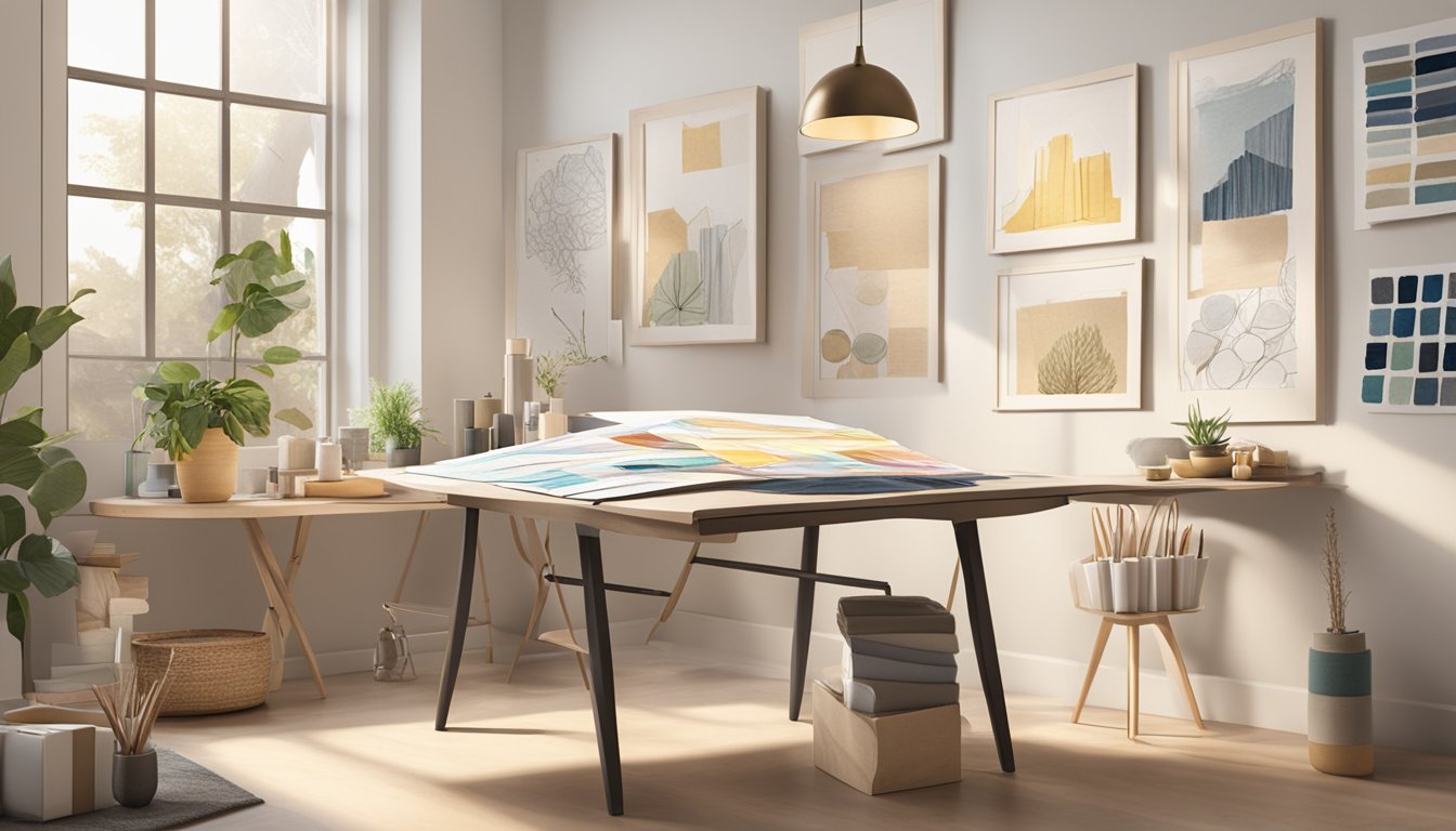 A table with design sketches, fabric swatches, and a mood board displayed on the wall in a well-lit studio space