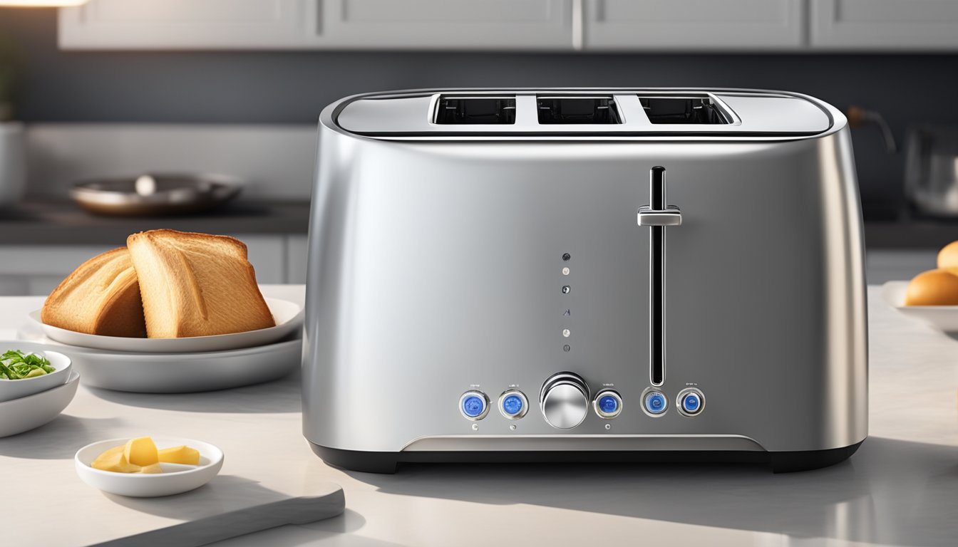A modern toaster in a sleek Singapore kitchen, toasting bread to perfection with a digital display and adjustable settings