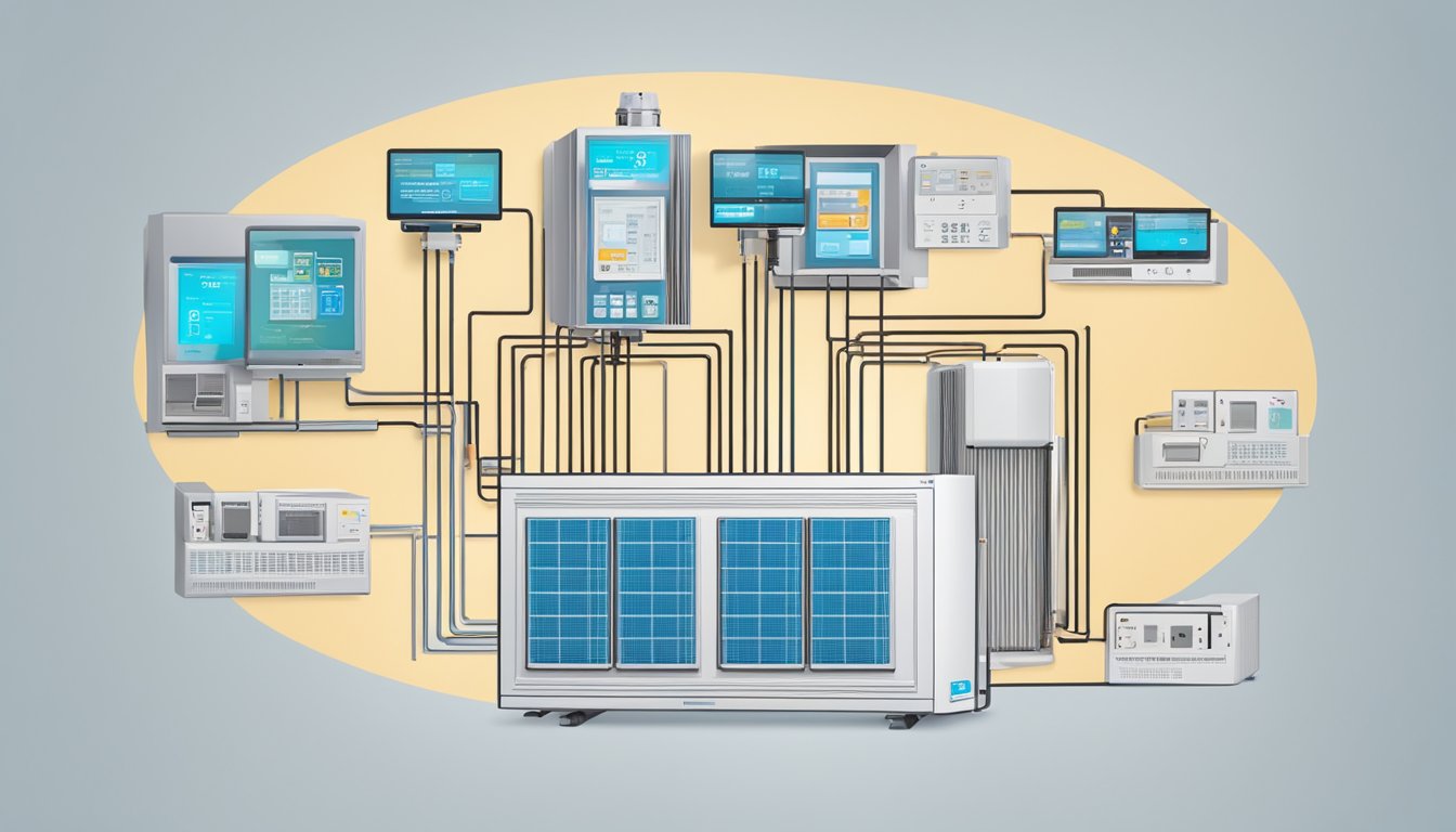 A Daikin system 4 unit with FAQ text displayed on a digital screen, surrounded by icons and symbols representing common questions and answers