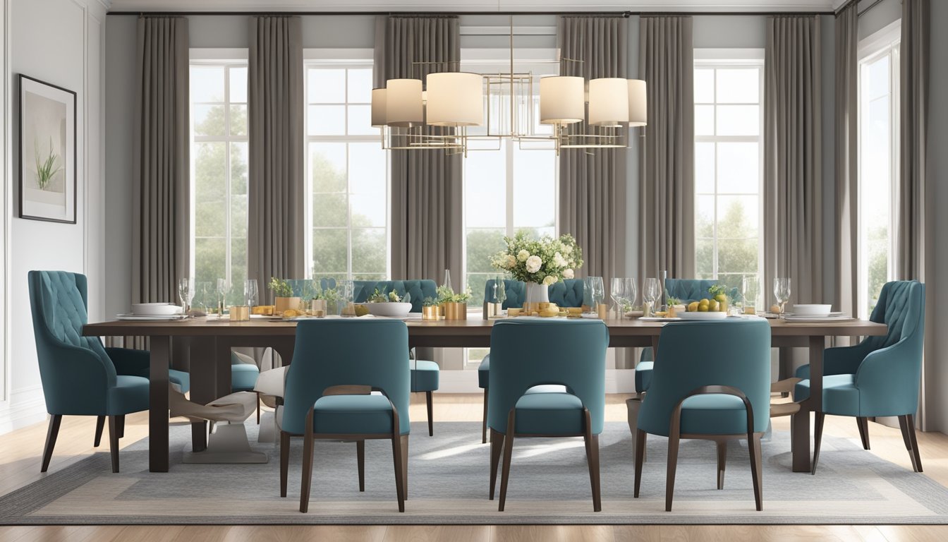 A spacious dining room with a modern 8-seater table, surrounded by stylish chairs. The table is set with elegant dinnerware and a centerpiece