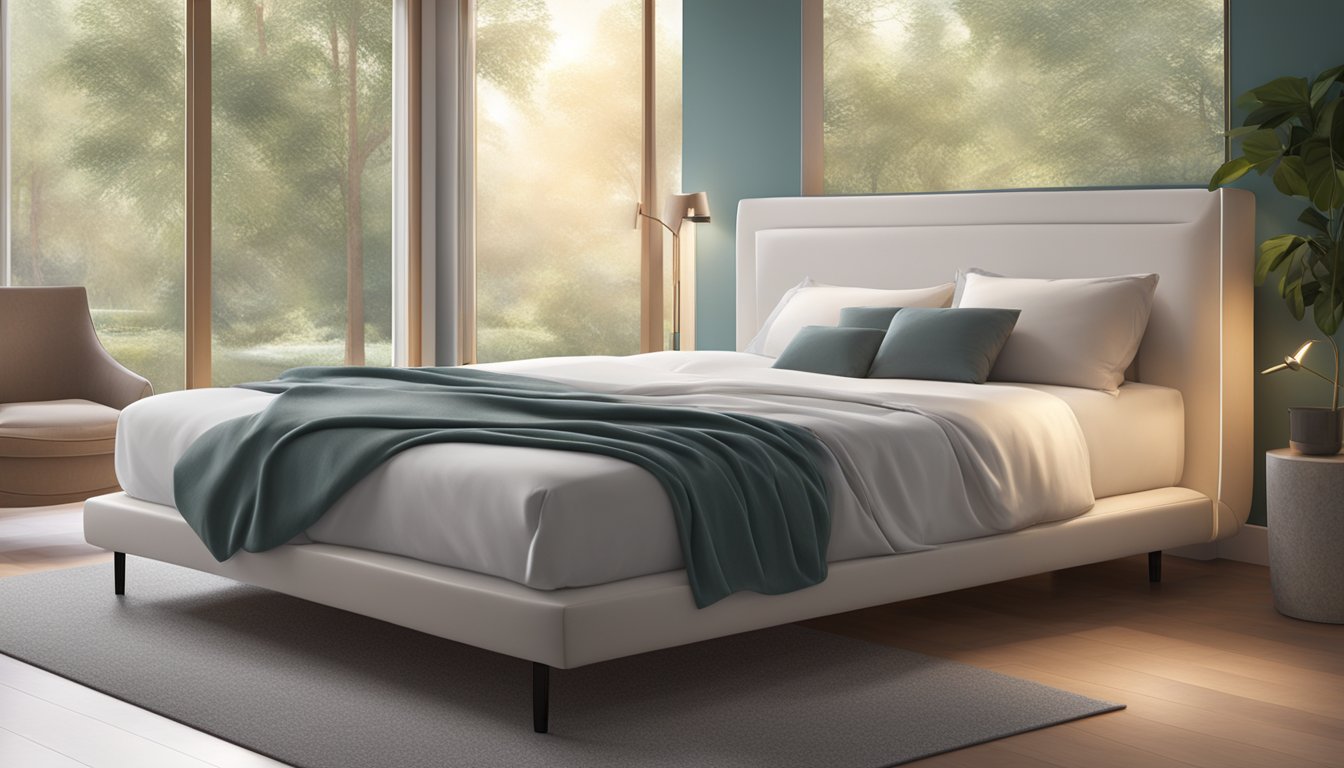 A serene bedroom with a full latex mattress, promoting comfort and support. A peaceful atmosphere with soft lighting and a cozy setting