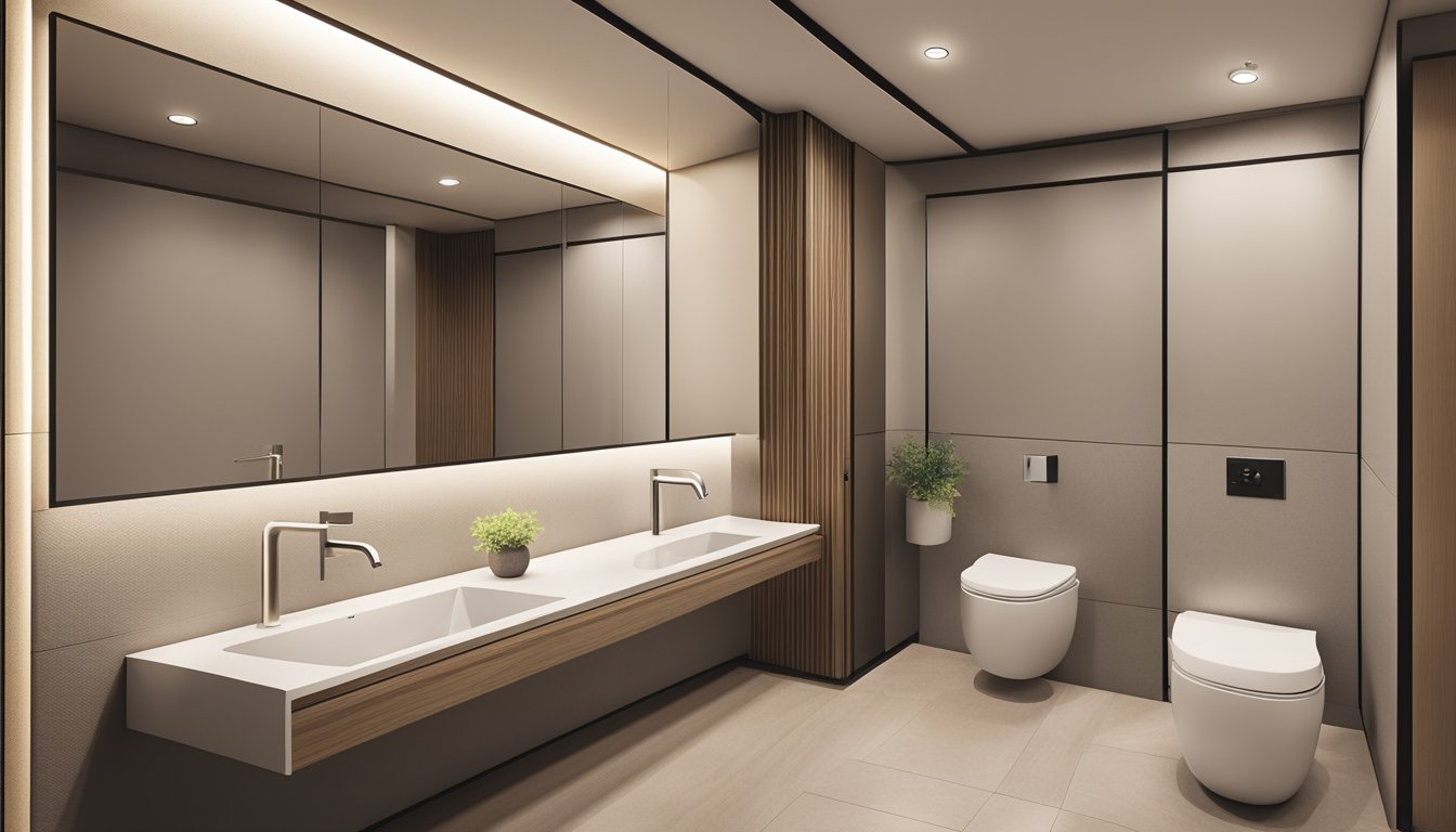 A modern HDB common toilet with sleek fixtures and neutral colors. Clean lines and minimalist design with a large mirror and ample lighting