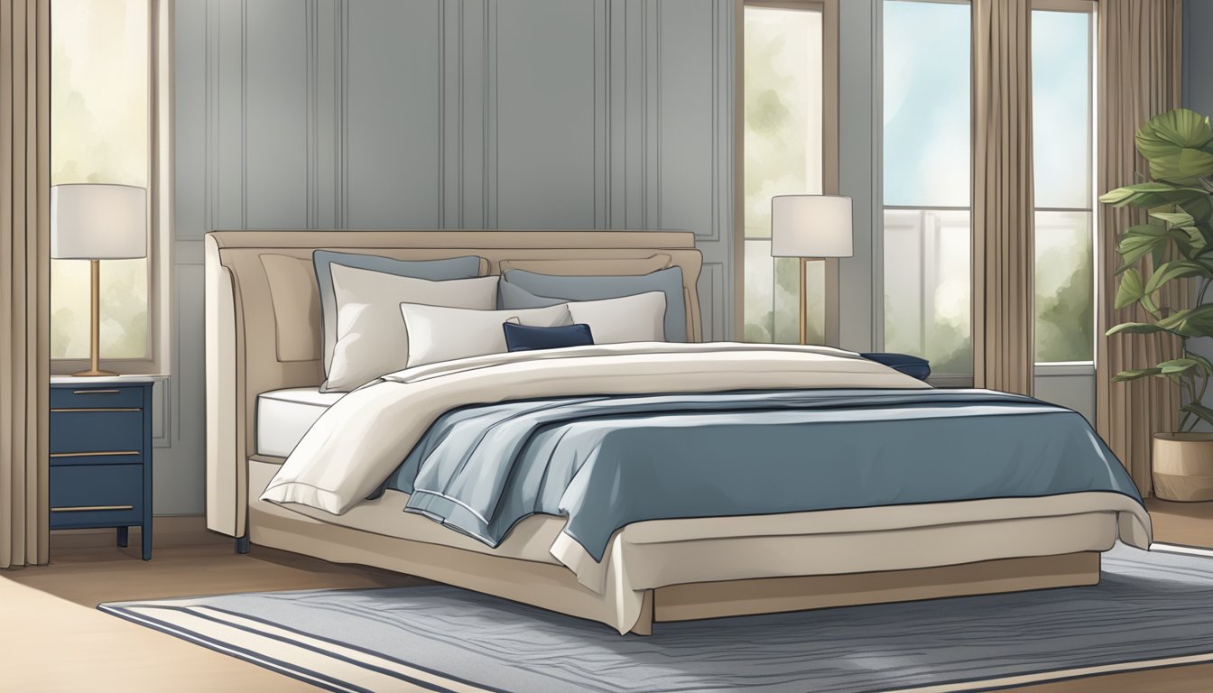 A neatly made bed with a single or super single mattress, adorned with a simple yet elegant duvet and matching pillows