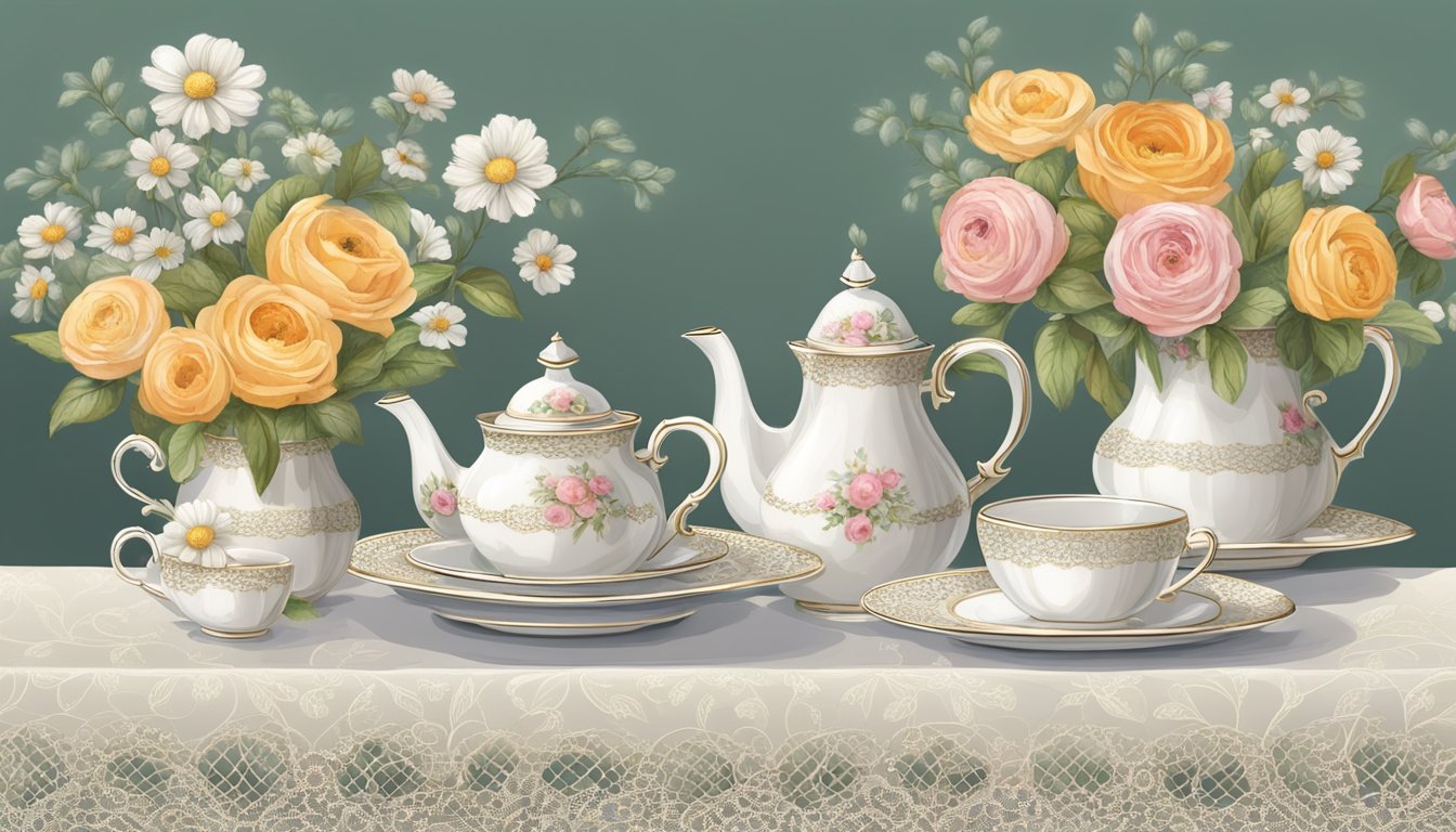 A tea table set with a delicate lace tablecloth, a vintage teapot, and dainty teacups on saucers. A vase of fresh flowers adds a touch of elegance
