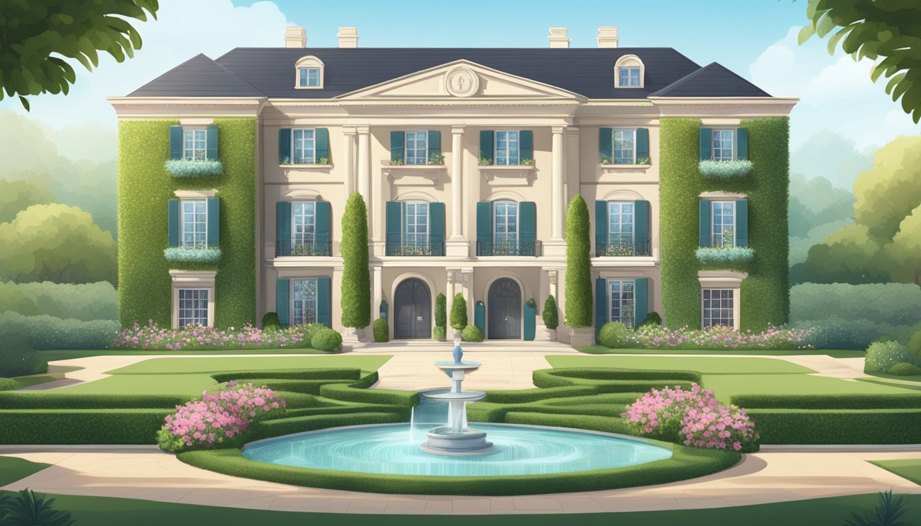 A luxurious mansion with a grand entrance, surrounded by manicured gardens and a sparkling fountain. A sign reads "Frequently Asked Questions posh home."