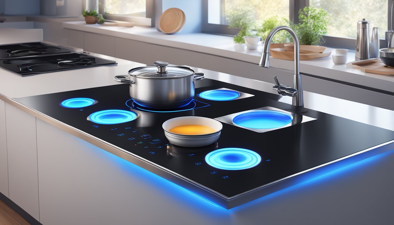 A modern kitchen with sleek countertops and a state-of-the-art induction hob glowing with blue LED lights