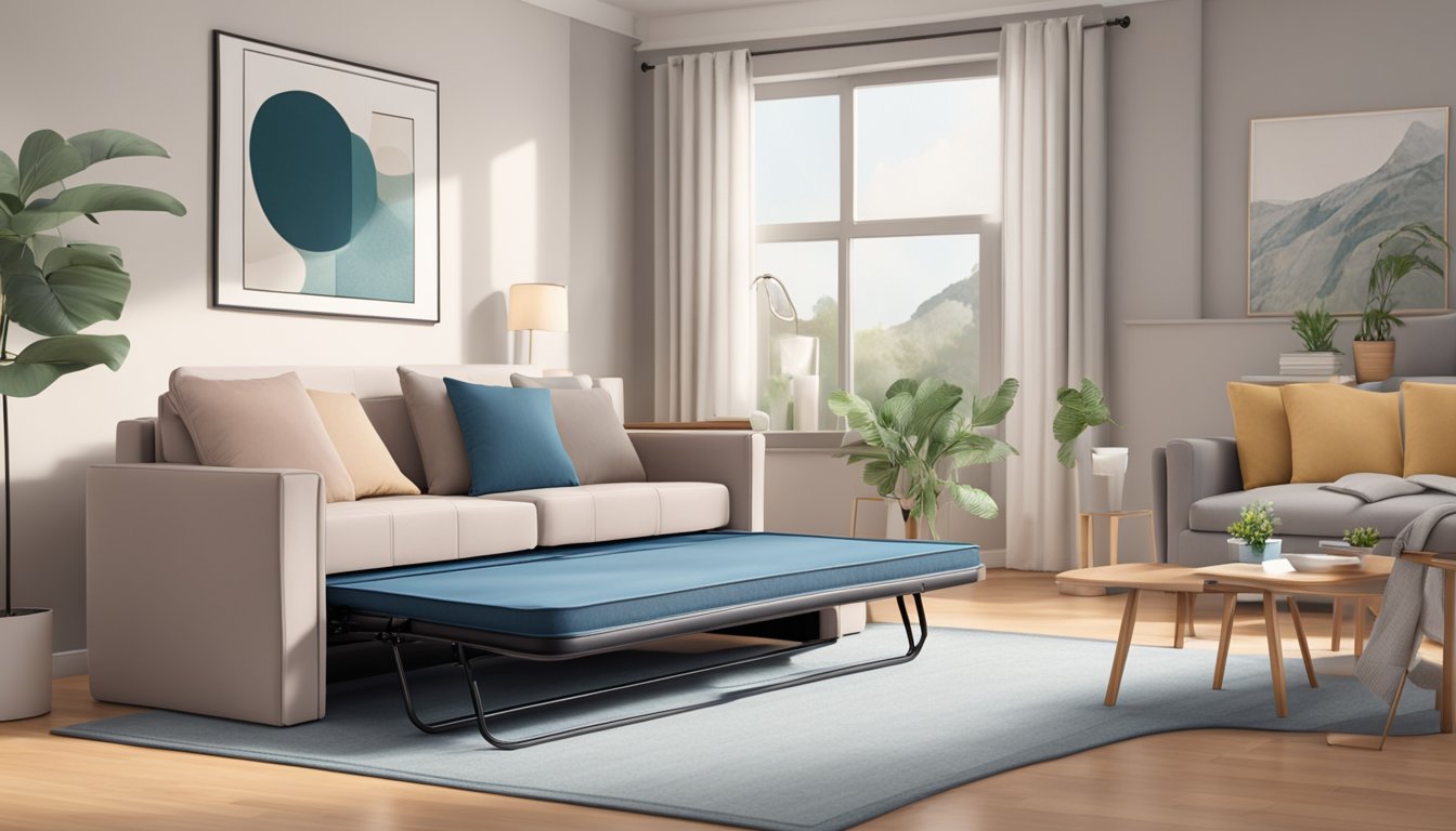 A foldable sofa bed opening and closing with ease in a cozy living room setting