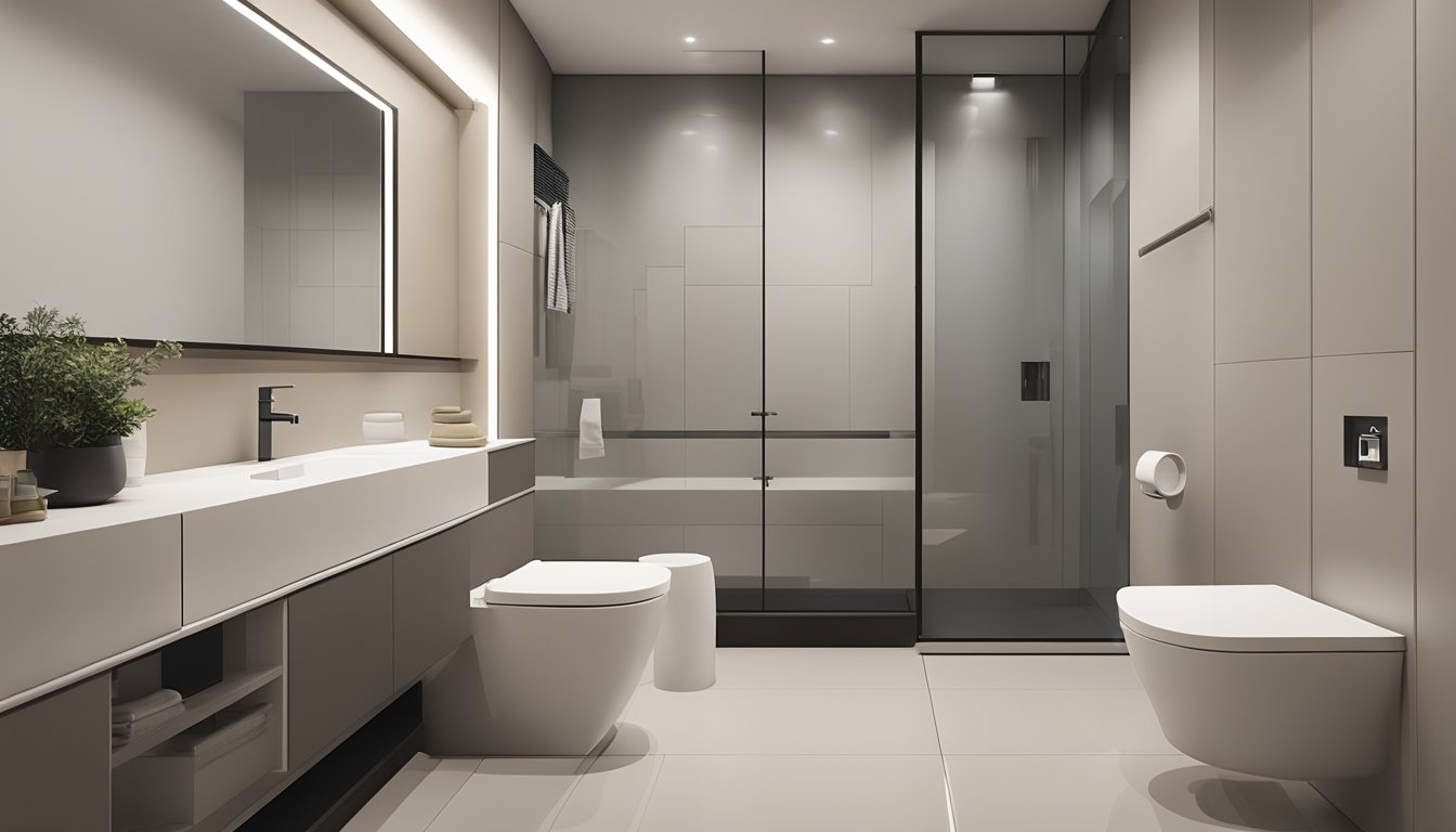 A modern HDB toilet with sleek fixtures, neutral color palette, and space-saving design