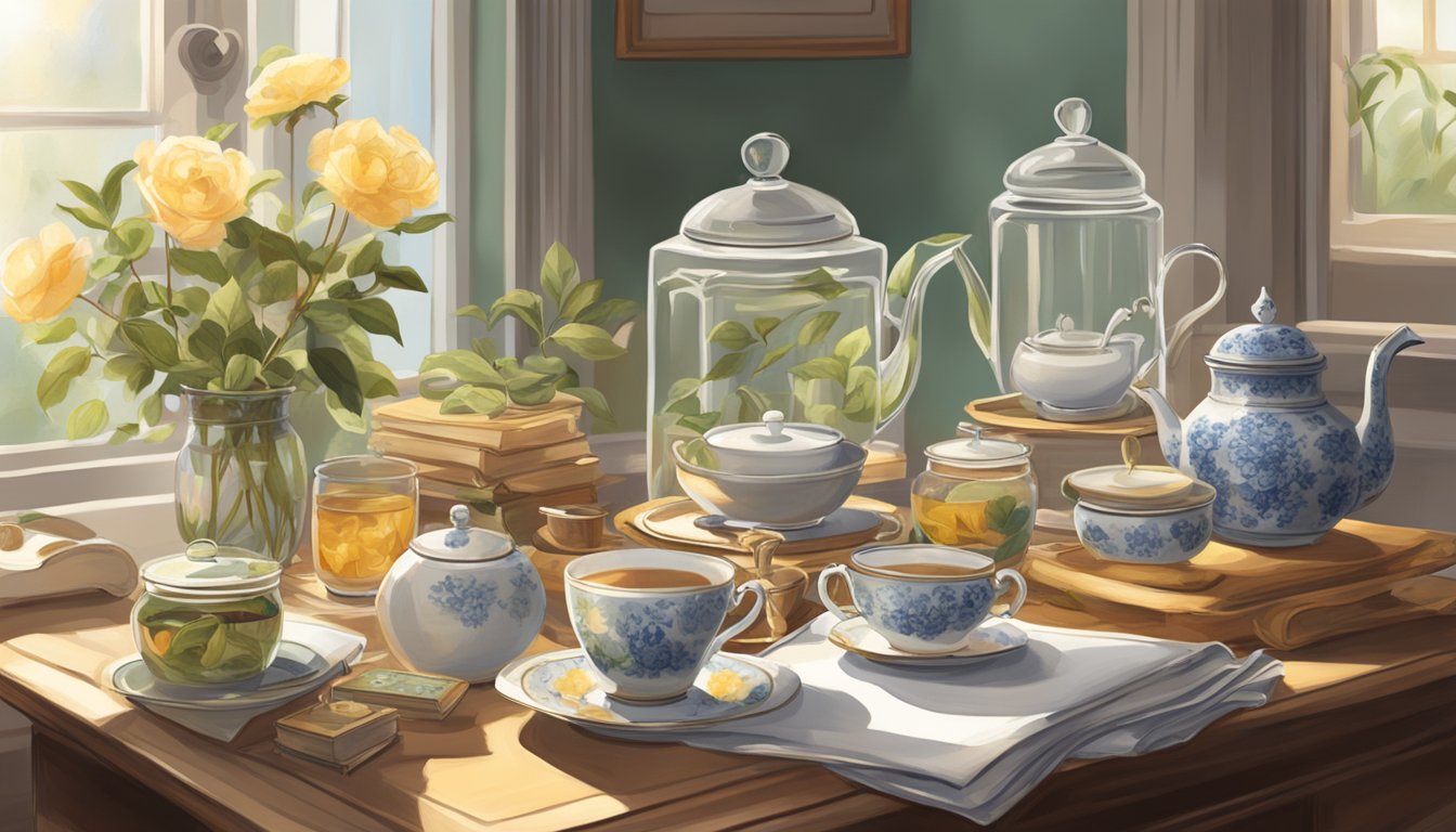 A cozy, sunlit room with a vintage tea table adorned with delicate china, a steaming teapot, and an array of fragrant loose-leaf teas in glass jars