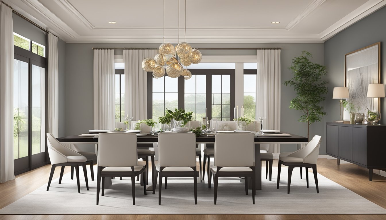 A spacious dining room with a sleek 8-seater table as the focal point, surrounded by modern chairs. The table is set with elegant place settings and a centerpiece, creating an inviting atmosphere for a gathering