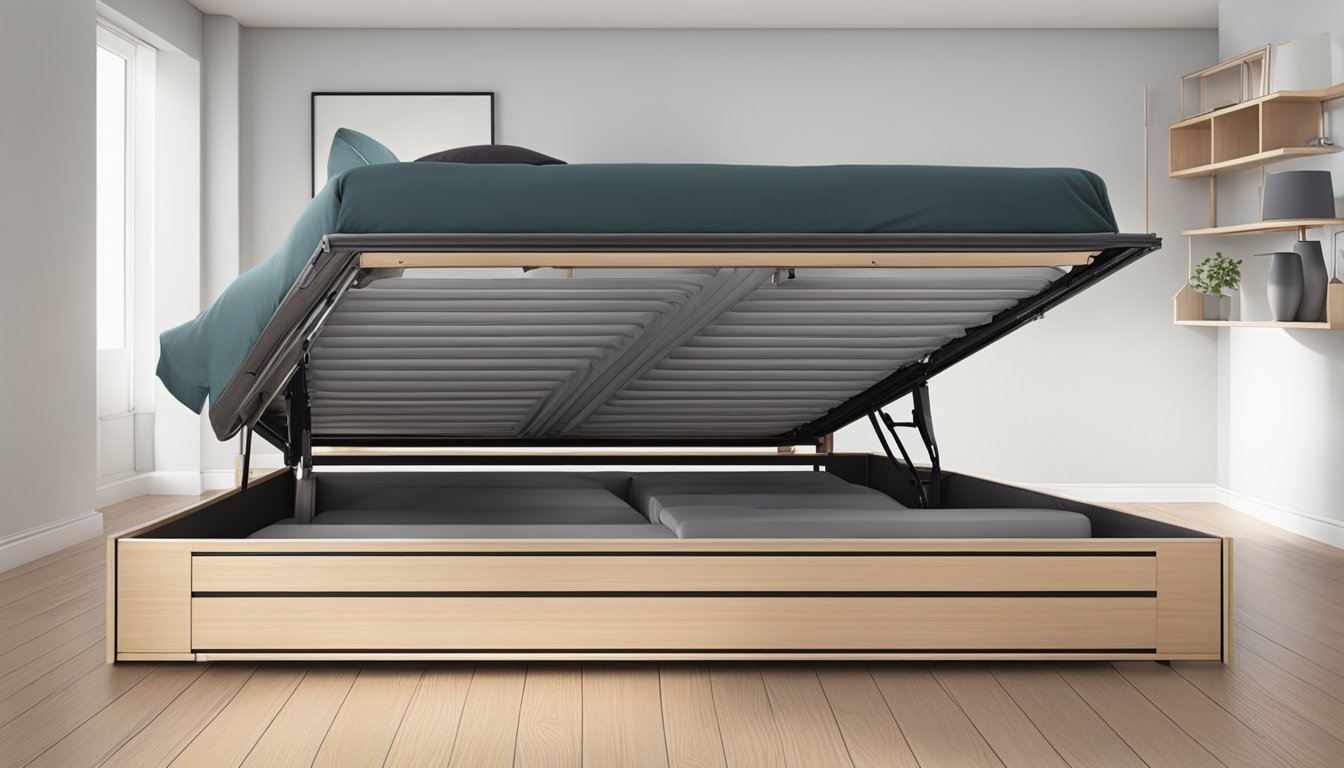 A person lifts the hydraulic storage bed frame to reveal the spacious storage compartment underneath