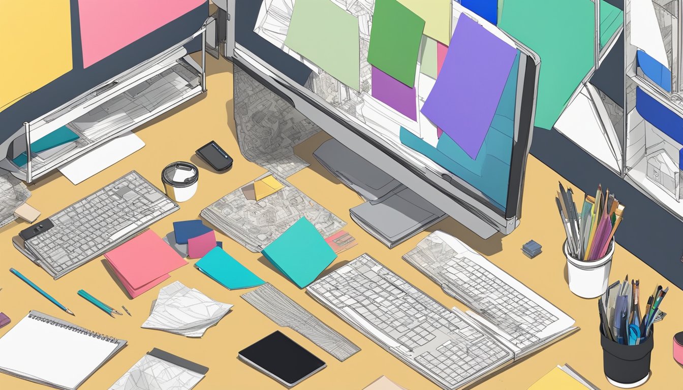 A cluttered desk with scattered design sketches, fabric swatches, and a computer displaying a 3D room layout. A mood board and color palette are pinned to the wall