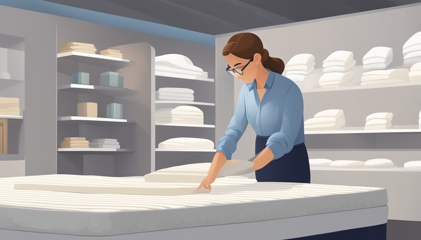 A person using both hands to carefully inspect and test the firmness of a full latex mattress in a showroom