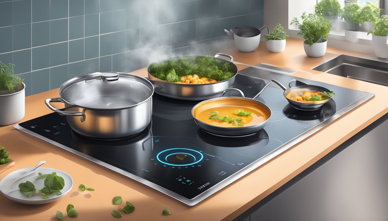 A sleek, modern induction hob with touch controls and LED display, surrounded by pots and pans. A pot of water boils rapidly while another pan simmers gently