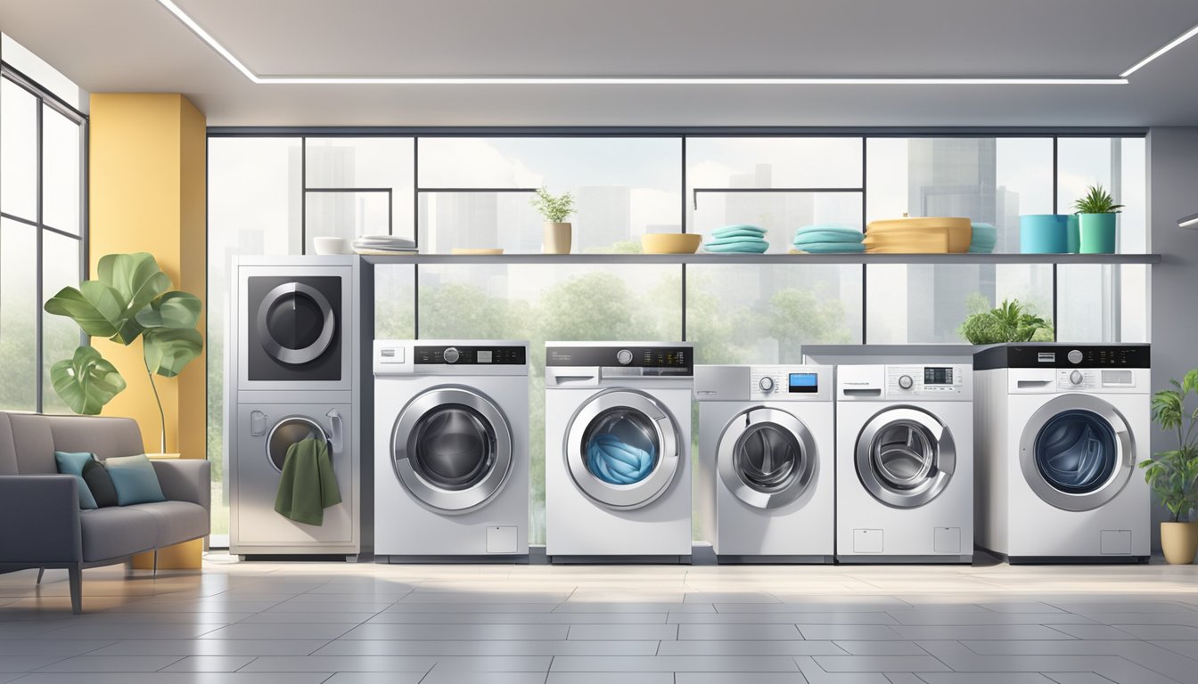 Various reputable washing machine brands lined up in a bright, spacious showroom. Each machine boasts sleek designs and modern features