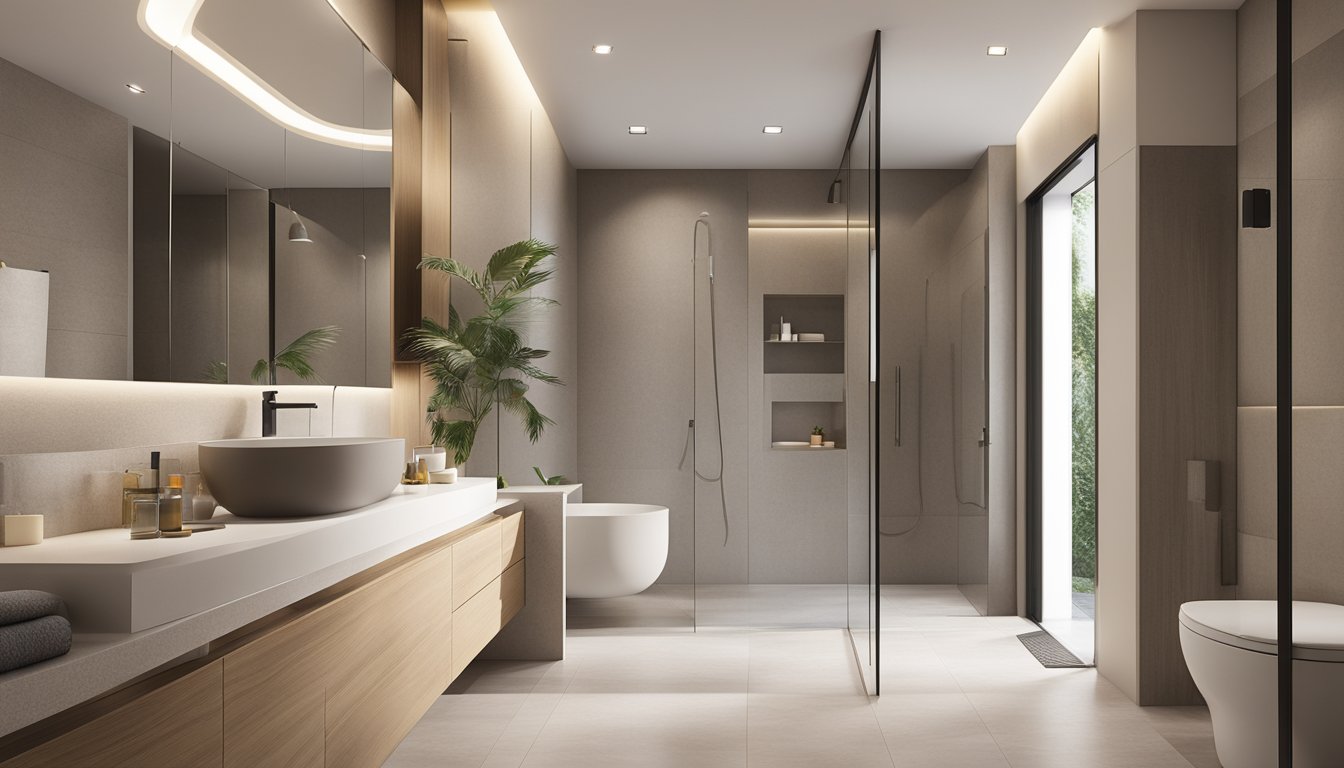 A modern HDB bathroom with sleek fixtures, clean lines, and a neutral color palette. The space is well-lit with natural light and features a spacious shower area and a minimalist vanity