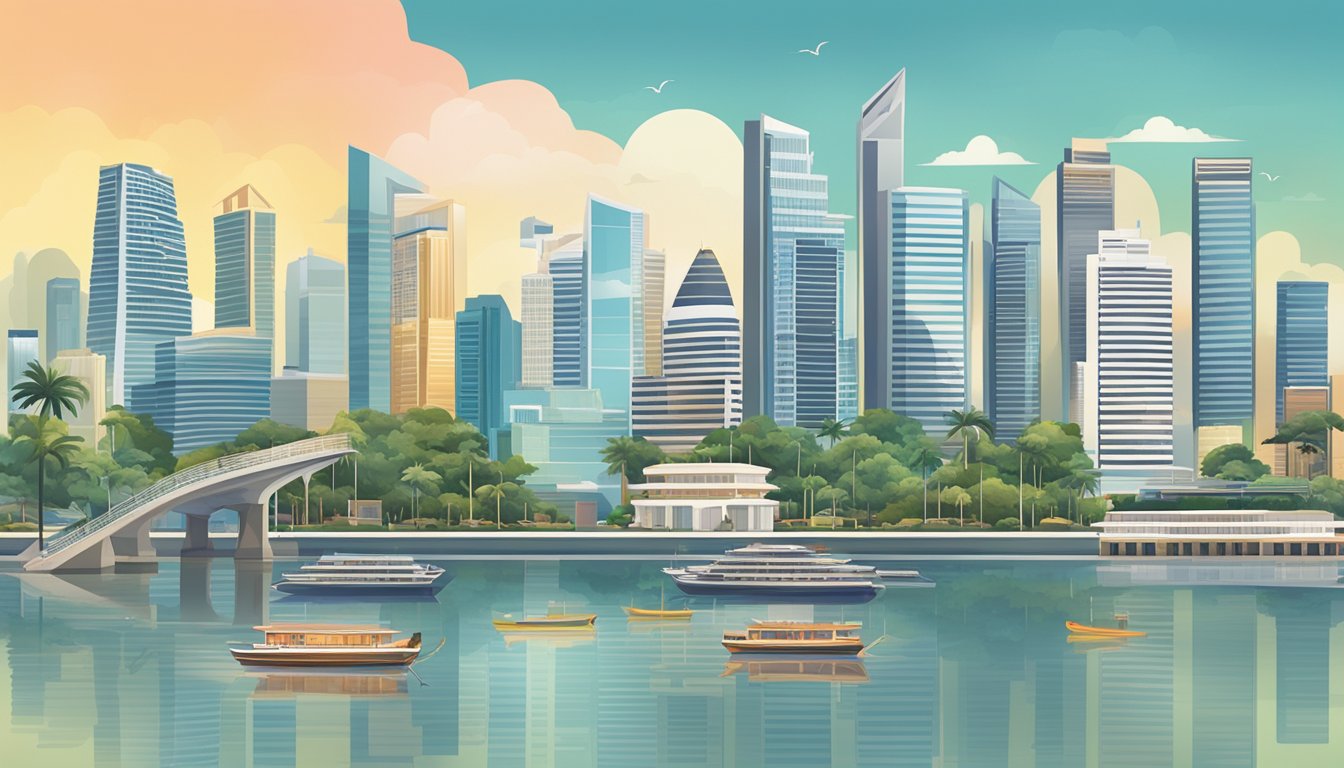 A serene Singapore skyline with various sources of passive income, such as rental properties, dividend stocks, and online businesses, generating income streams