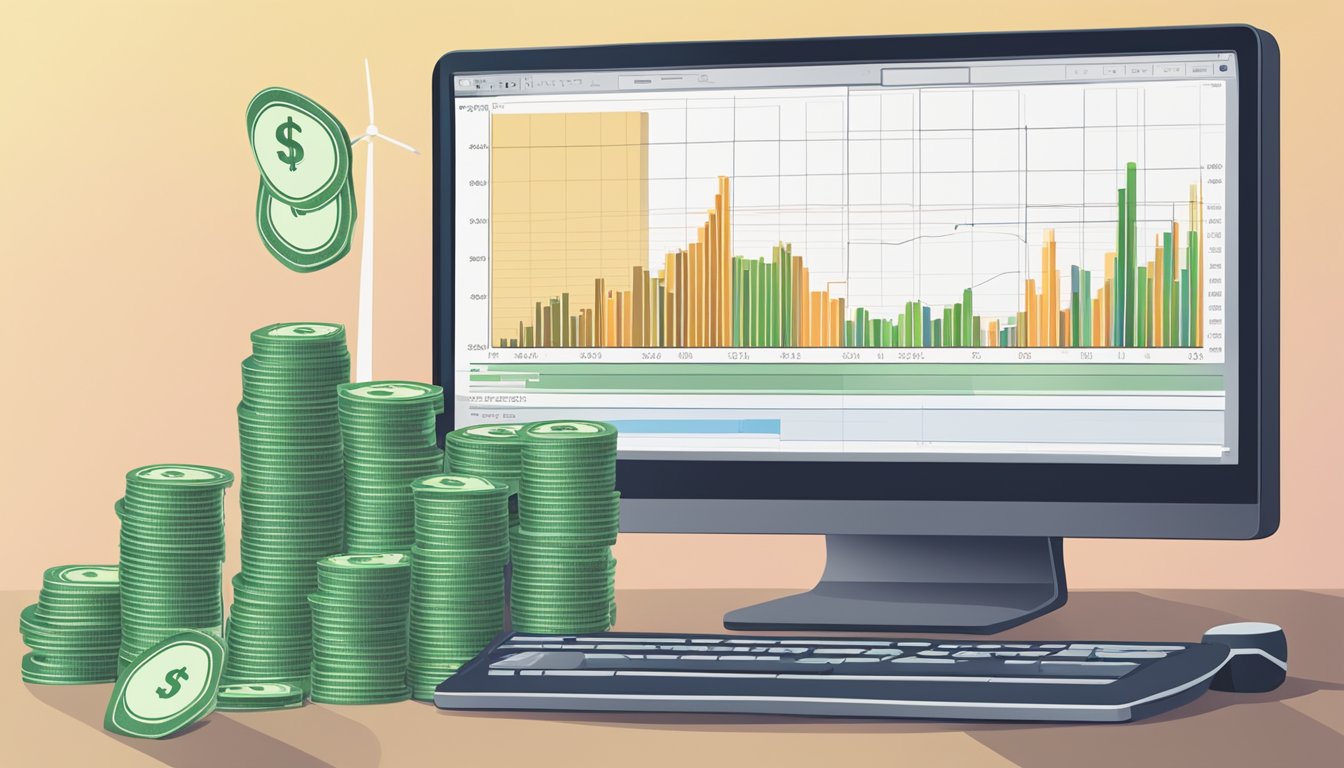 A stack of money sits next to a computer showing stock and bond investment options, with a graph displaying passive income growth in the background