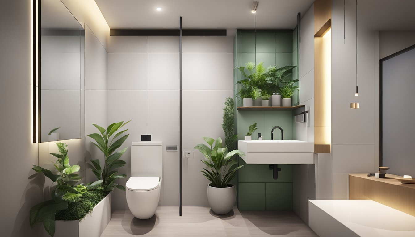 A modern HDB common toilet with sleek fixtures and minimalist design, accented with green plants and warm lighting for a cozy ambiance