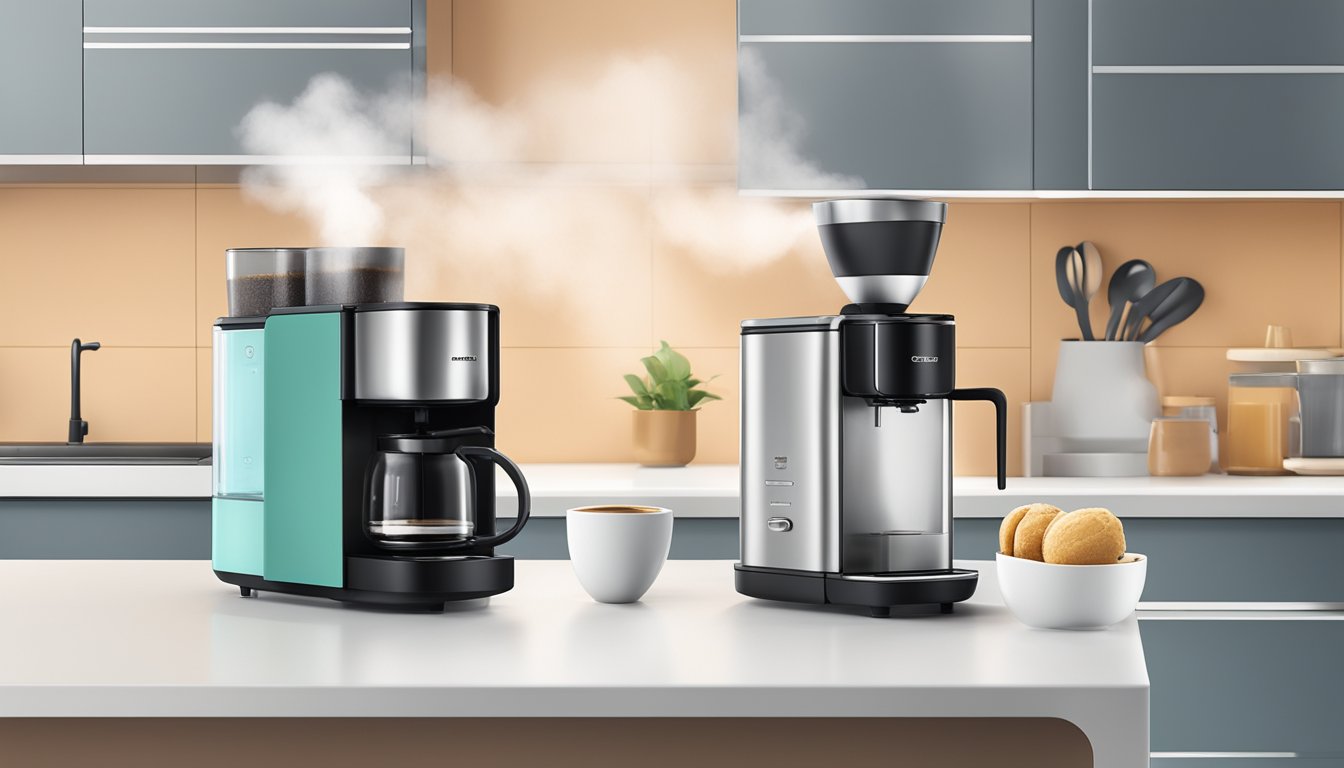 A sleek coffee machine sits on a modern kitchen counter in Singapore, steam rising from a freshly brewed cup