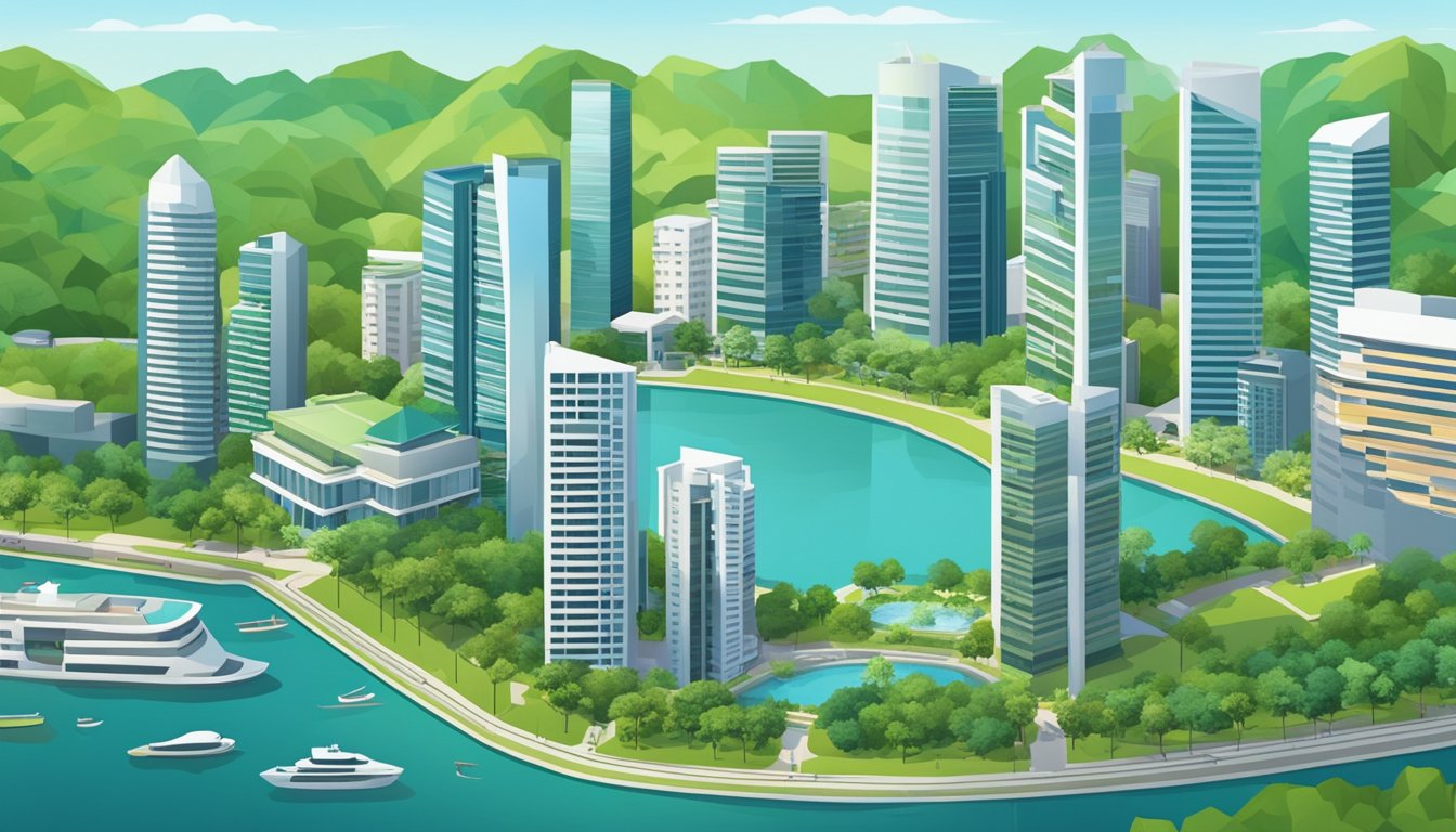A bustling Singapore cityscape with high-rise buildings and modern architecture, surrounded by lush green parks and waterfront views, symbolizing real estate ventures and passive income opportunities